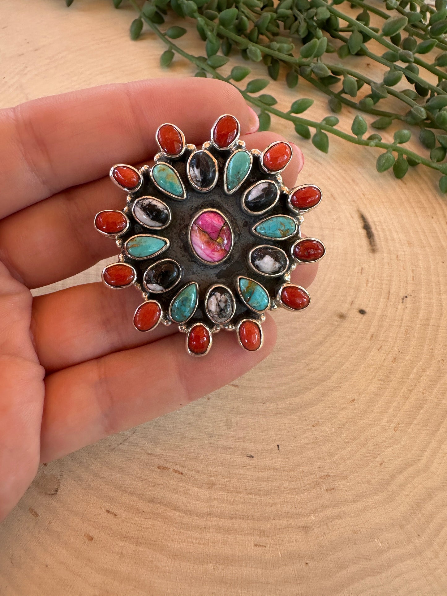 Beautiful Handmade Turquoise, Coral, White Buffalo, Pink Dream Mojave And Sterling Silver Adjustable Statement Ring