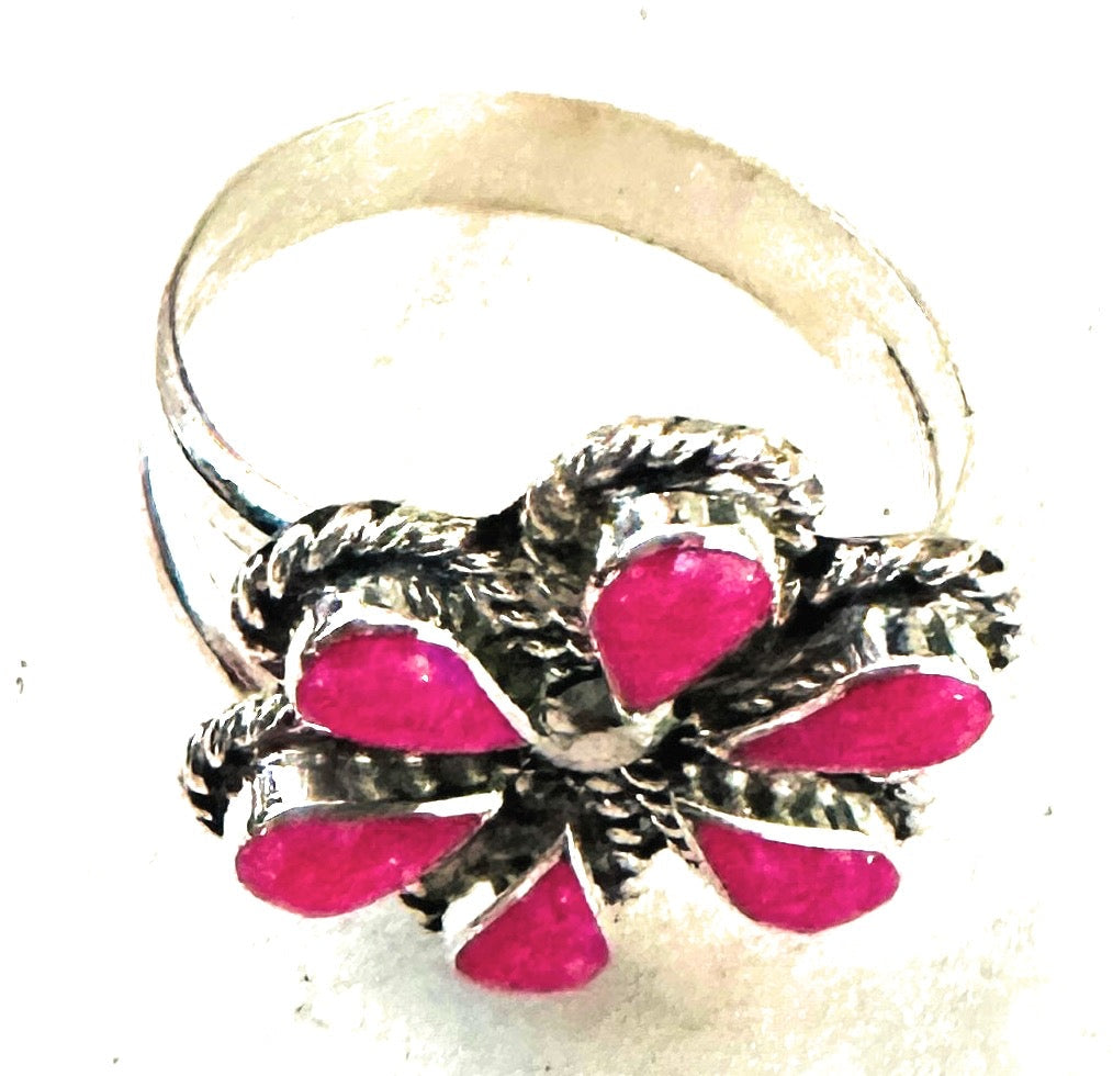 Zuni Sterling Silver & Pink Opal Flower Ring