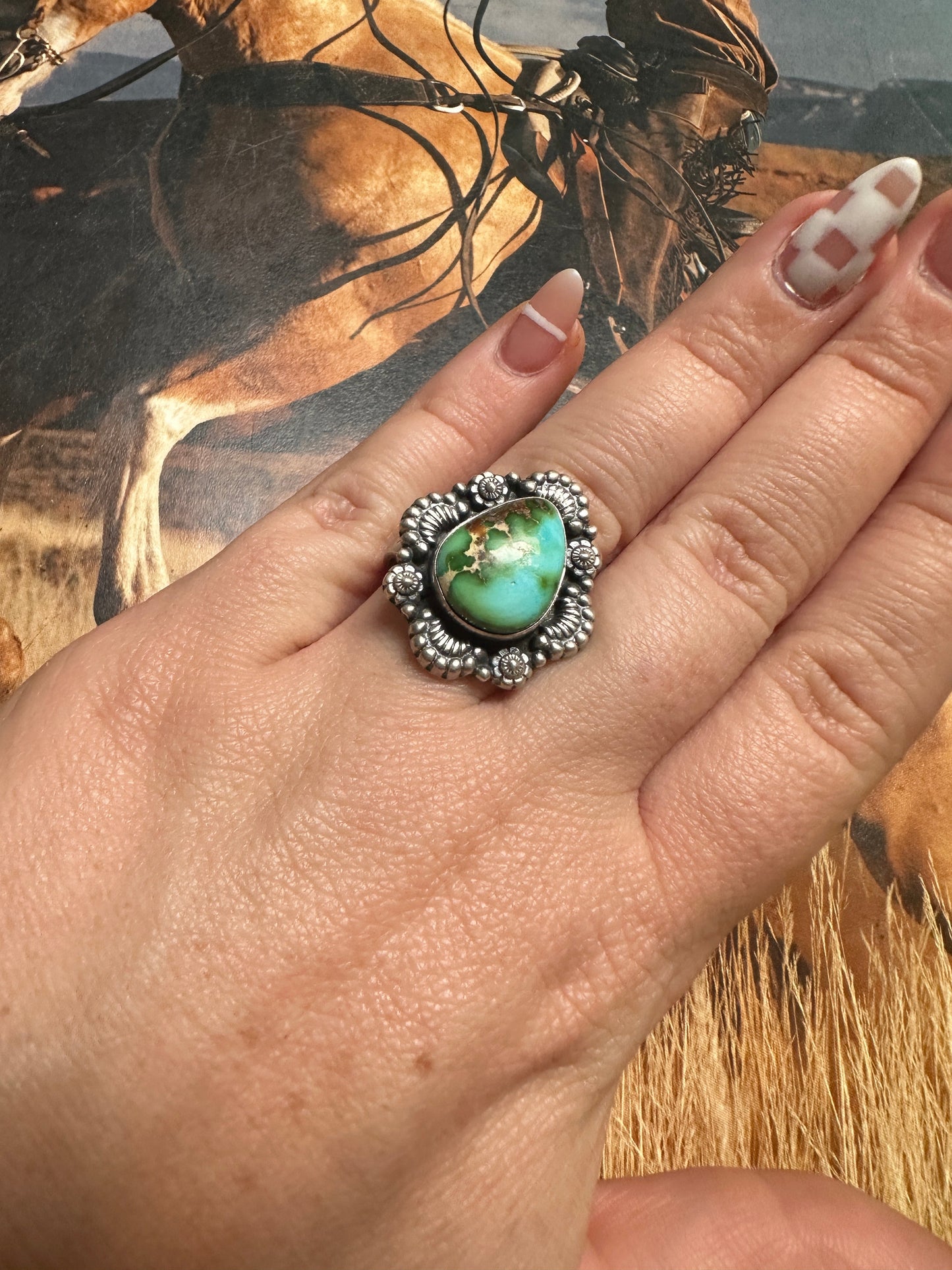 Beautiful Handmade Sonoran Mountain Turquoise And Sterling Silver Adjustable Single Stone Ring