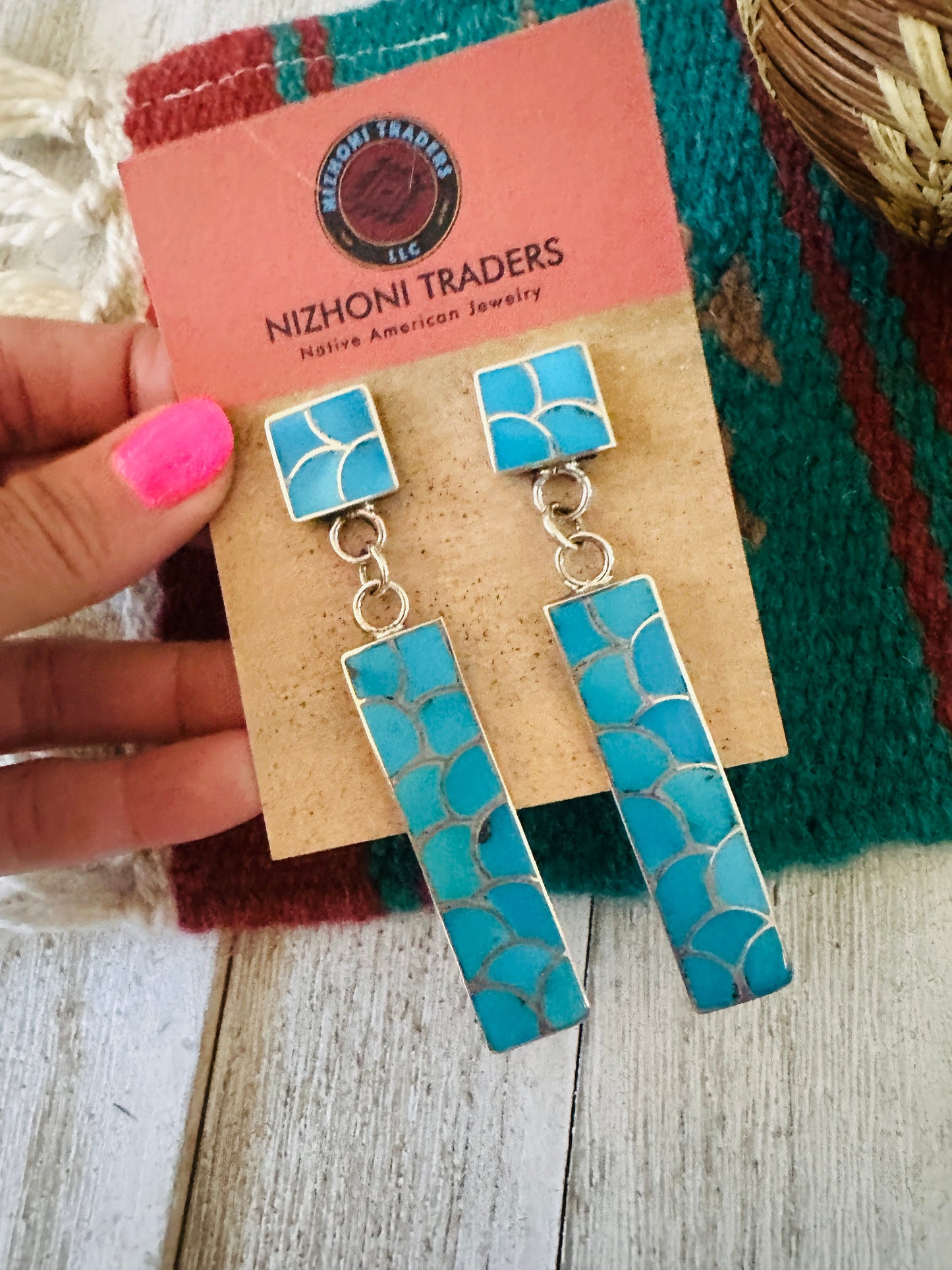 Zuni Sterling Silver & Turquoise Inlay Dangle Earrings