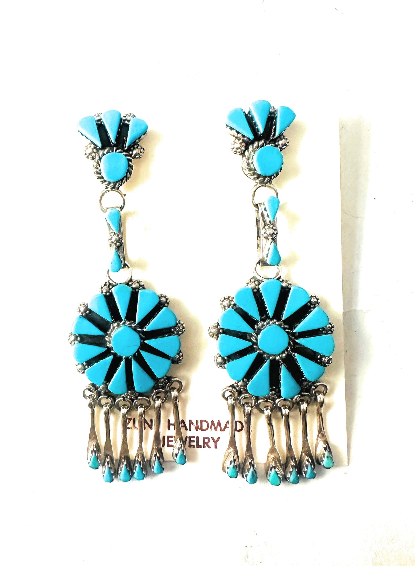 Zuni Sterling Silver & Turquoise Cluster Tassel Dangle Earrings