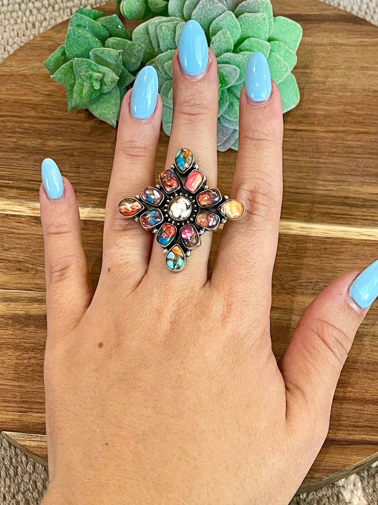 Beautiful Handmade Pink Dream Mojave, Wild Horse And Sterling Silver Adjustable Ring