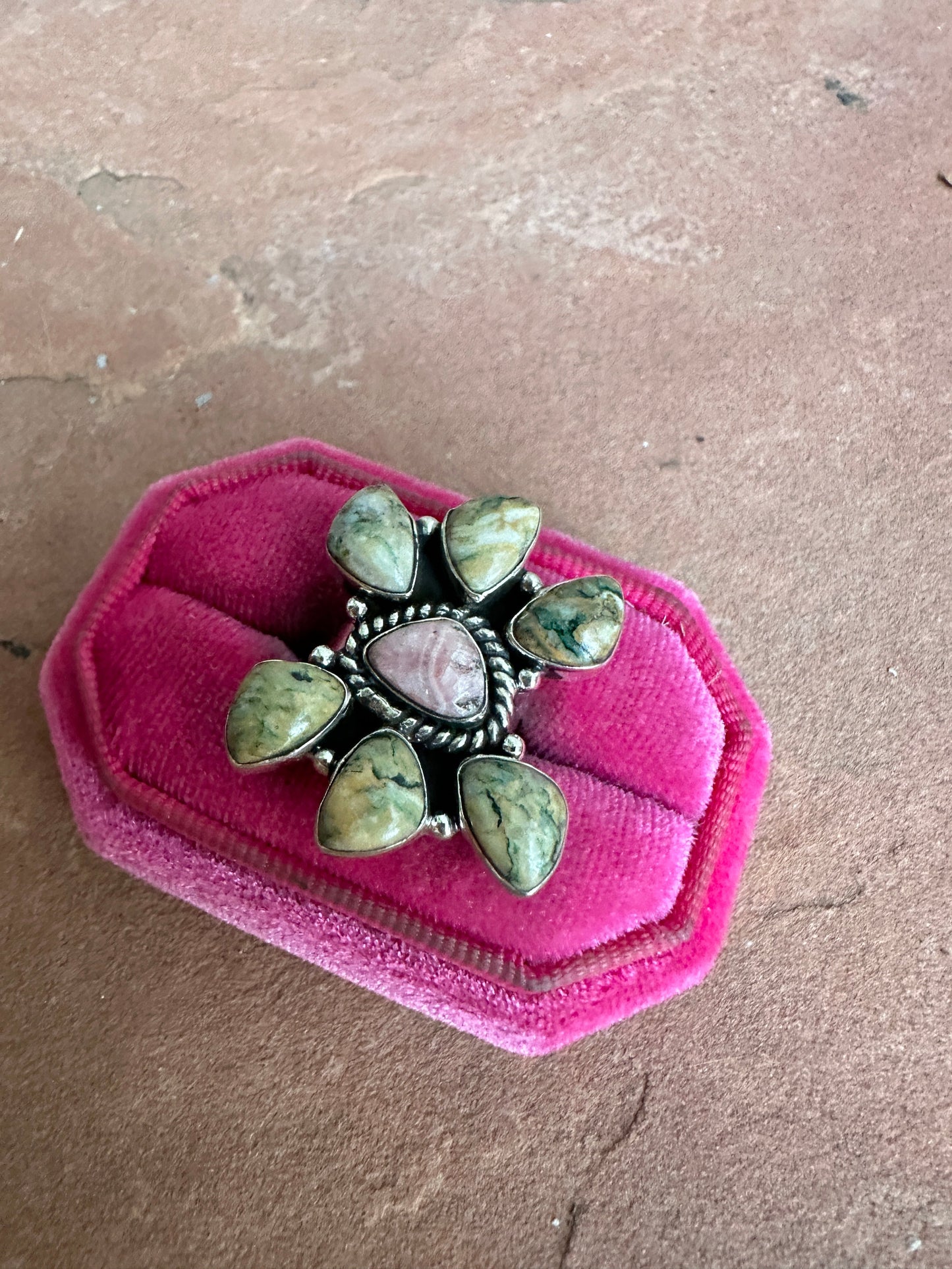 Beautiful Handmade Rhodointe, Rainforest Rhyolite And Sterling Silver Adjustable Cluster Ring