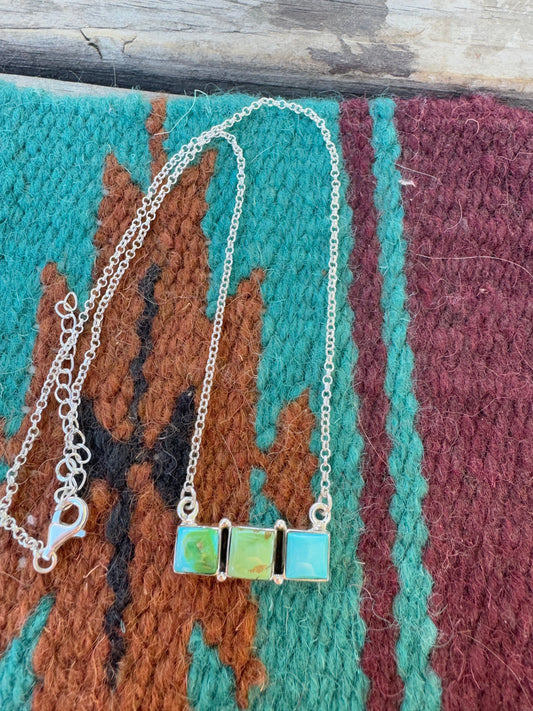 Beautiful Handmade Sterling Silver & Sonoran Mountain Turquoise 3 Stone Bar Necklace STYLE 2