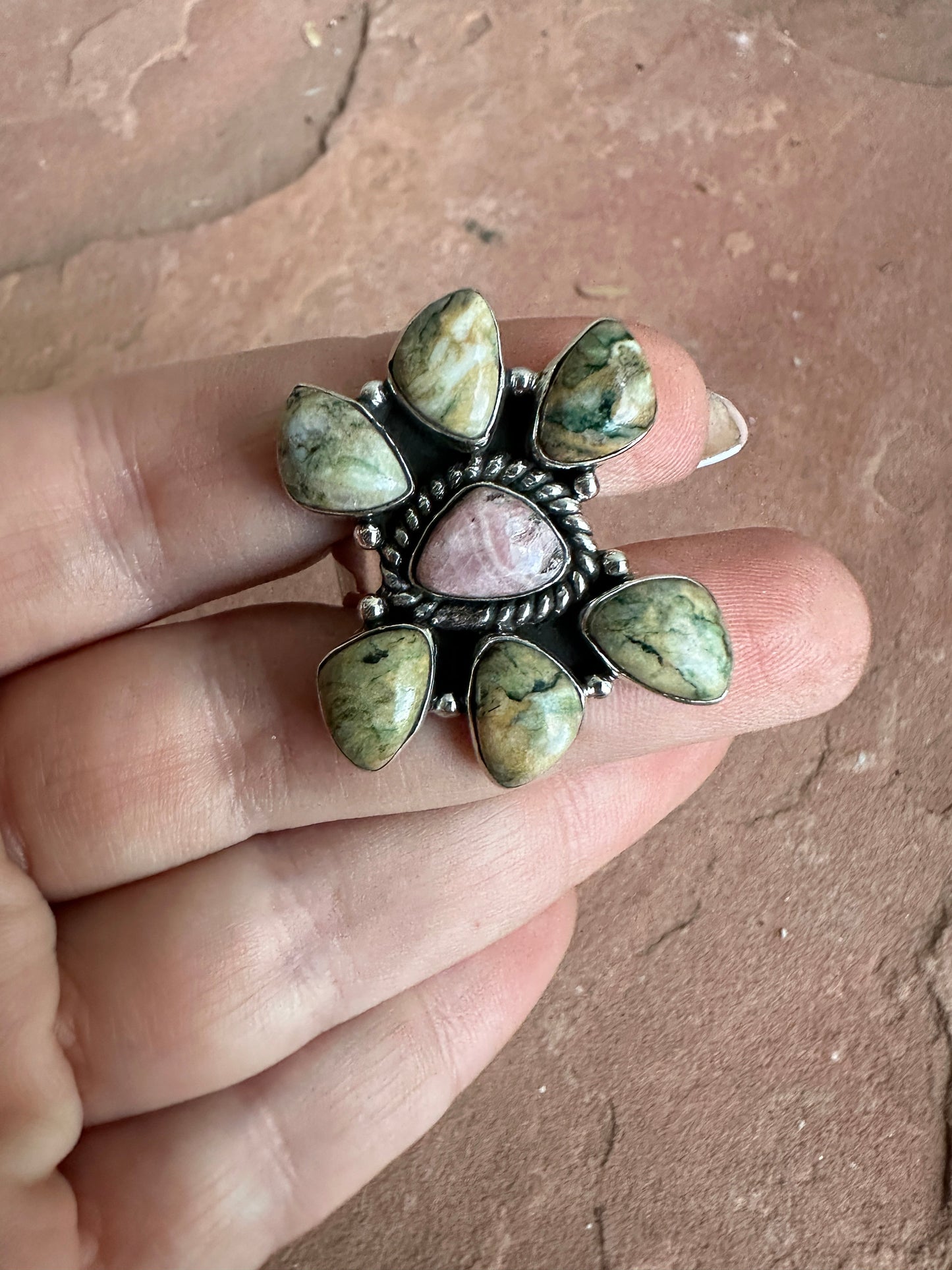 Beautiful Handmade Rhodointe, Rainforest Rhyolite And Sterling Silver Adjustable Cluster Ring