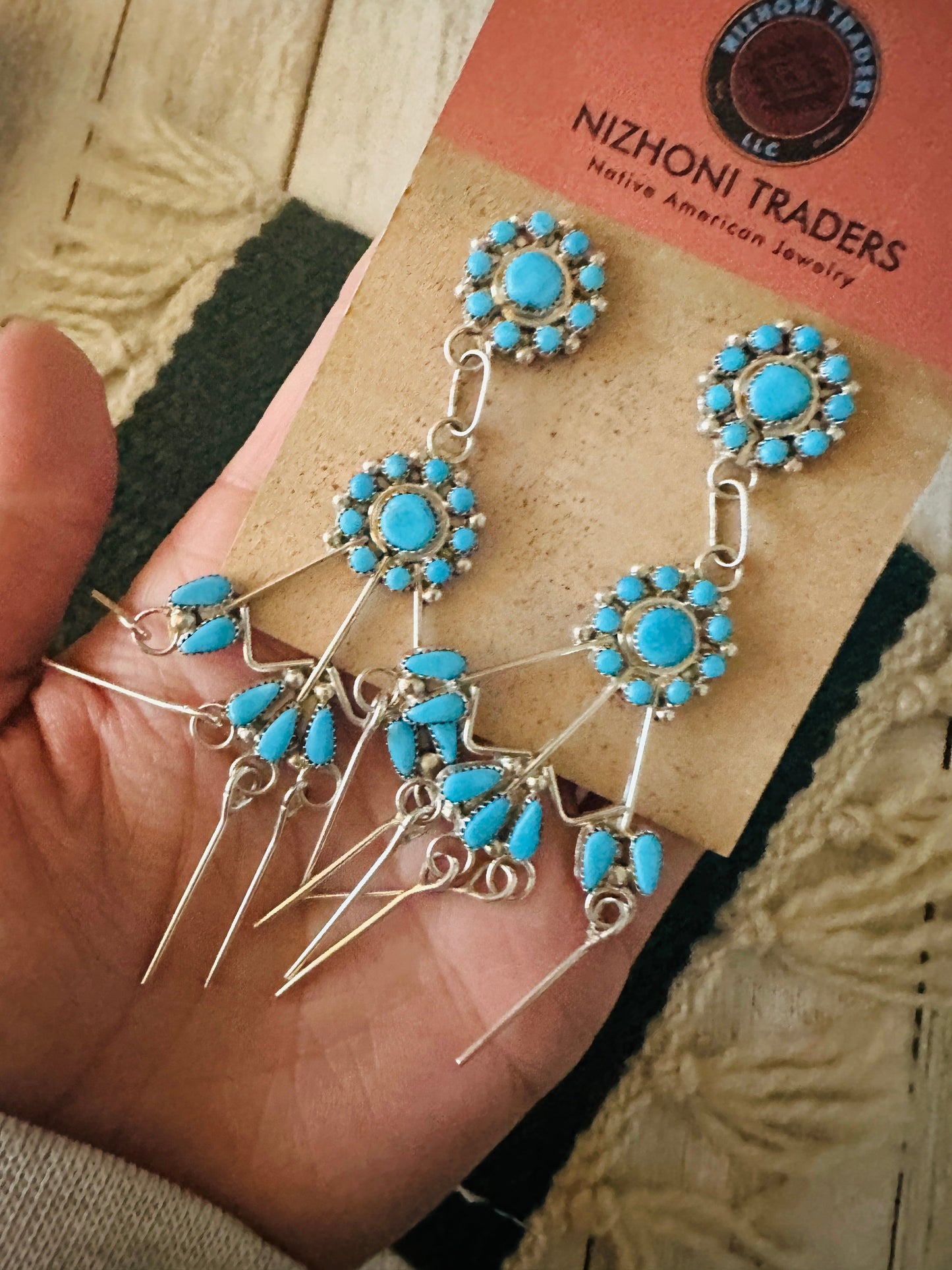 Zuni Sterling Silver & Turquoise Flower Chandelier Dangle Earrings