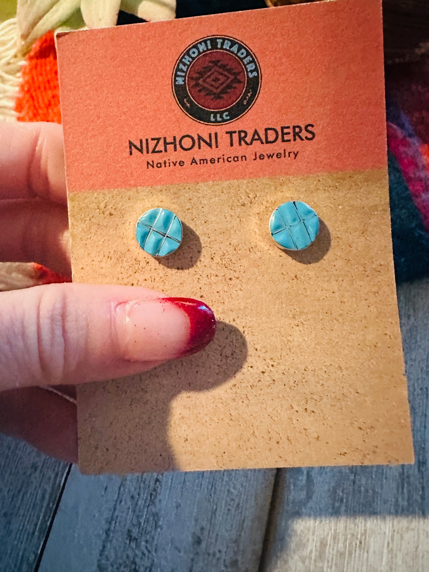 Zuni Sterling Silver & Turquoise Inlay Stud Earrings