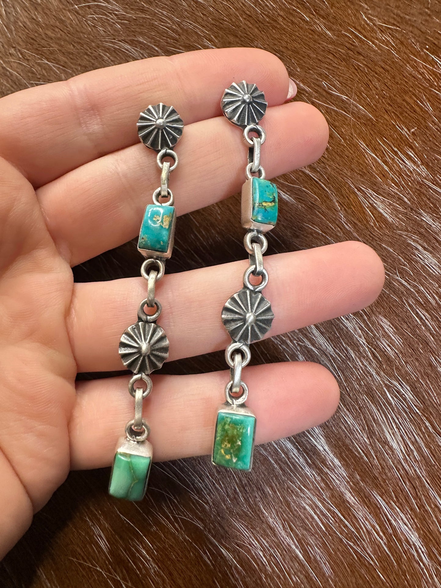 Handmade Sonoran Mountain Turquoise and Sterling Silver Dangle Earrings 2 Stone