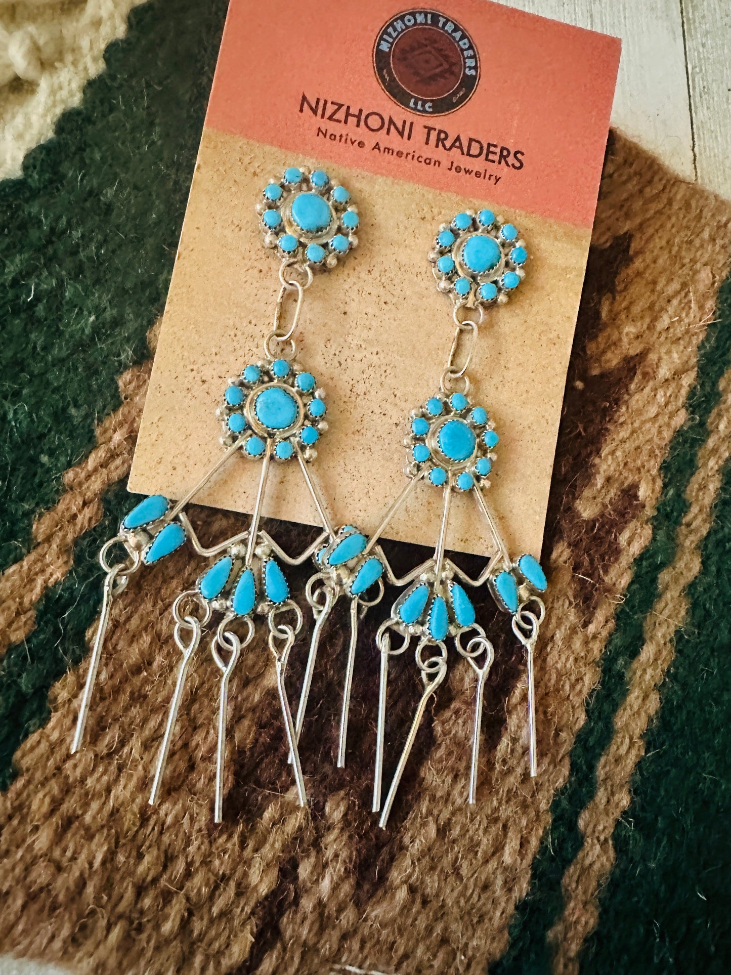 Zuni Sterling Silver & Turquoise Flower Chandelier Dangle Earrings