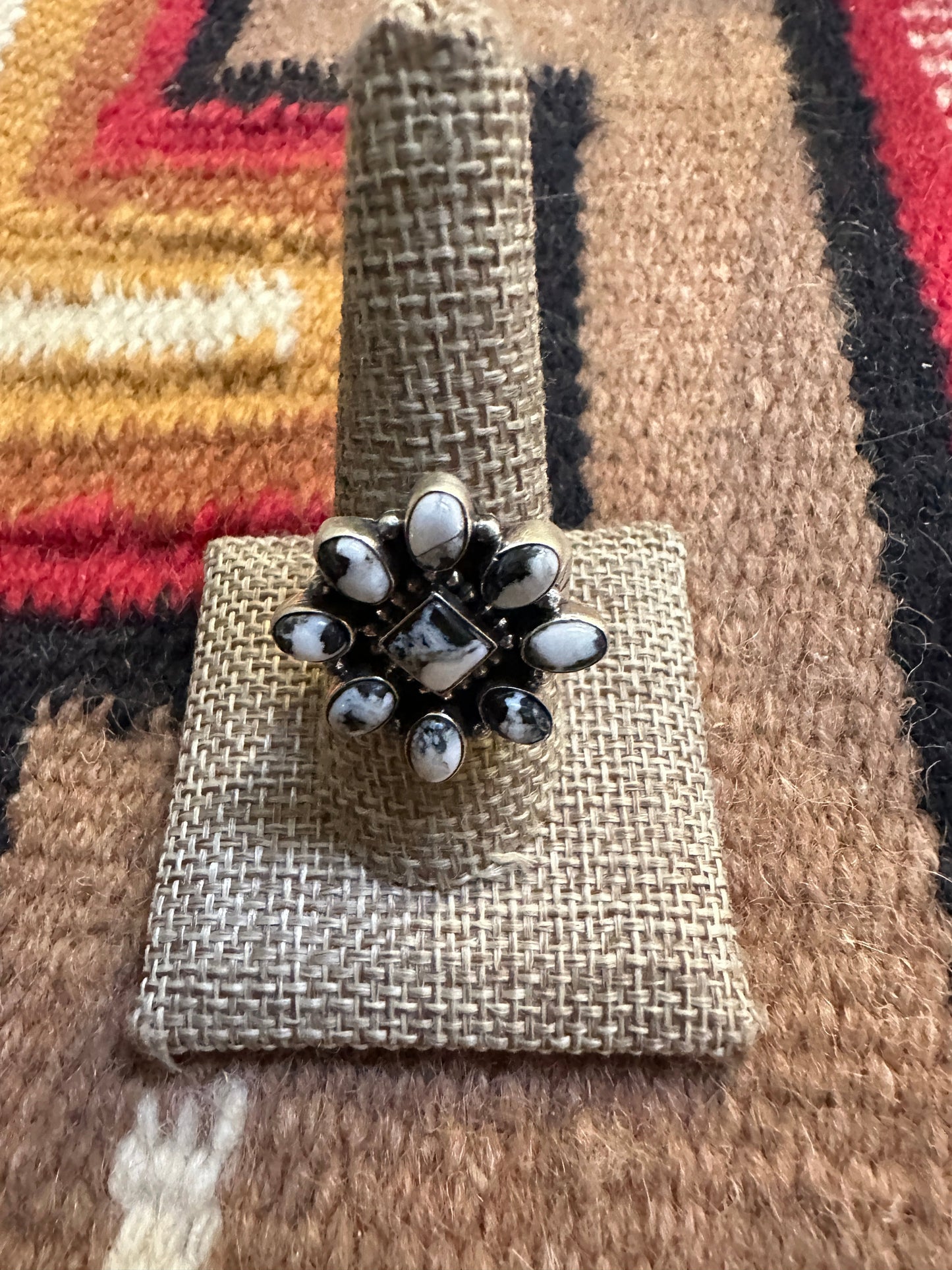 Beautiful Handmade White Buffalo And Sterling Silver Adjustable Cluster Flower Ring