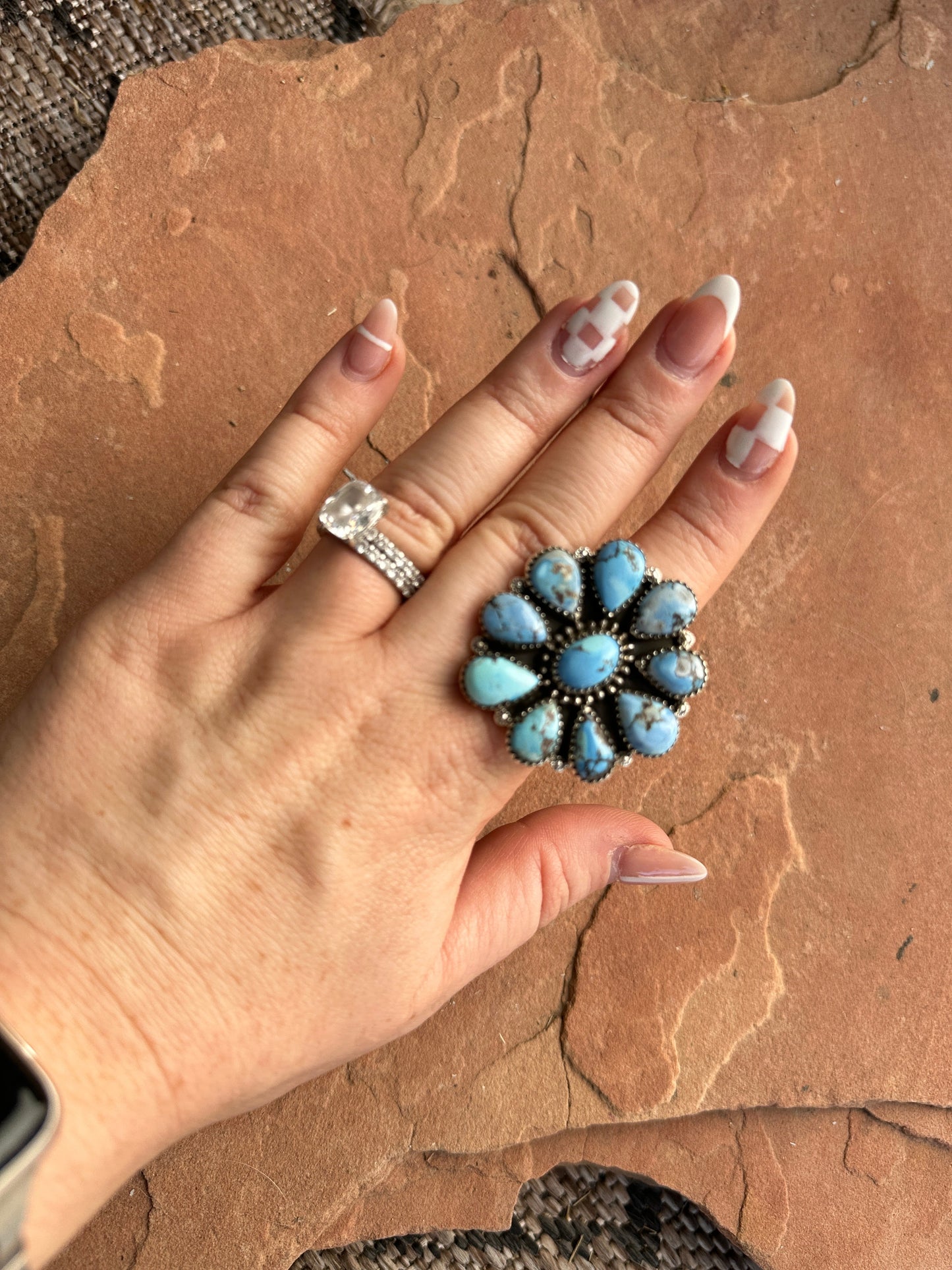 Beautiful Handmade Golden Hills Turquoise And Sterling Silver Adjustable Cluster Flower Ring