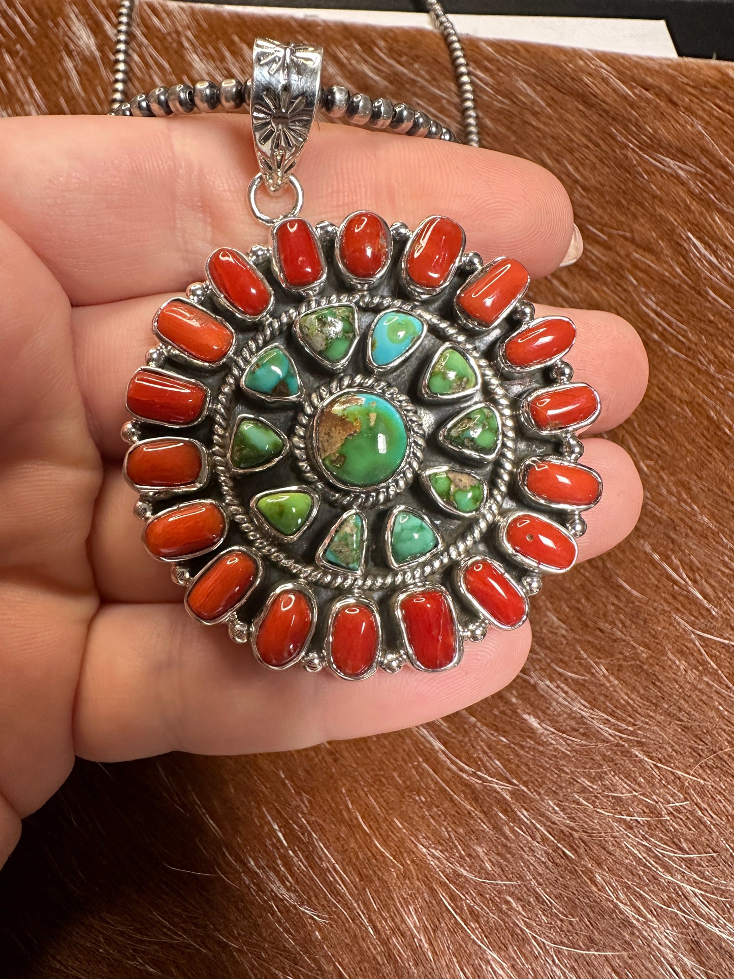 Beautiful Handmade Sterling Silver, Coral & Sonoran Mountain Turquoise Pendant style 1