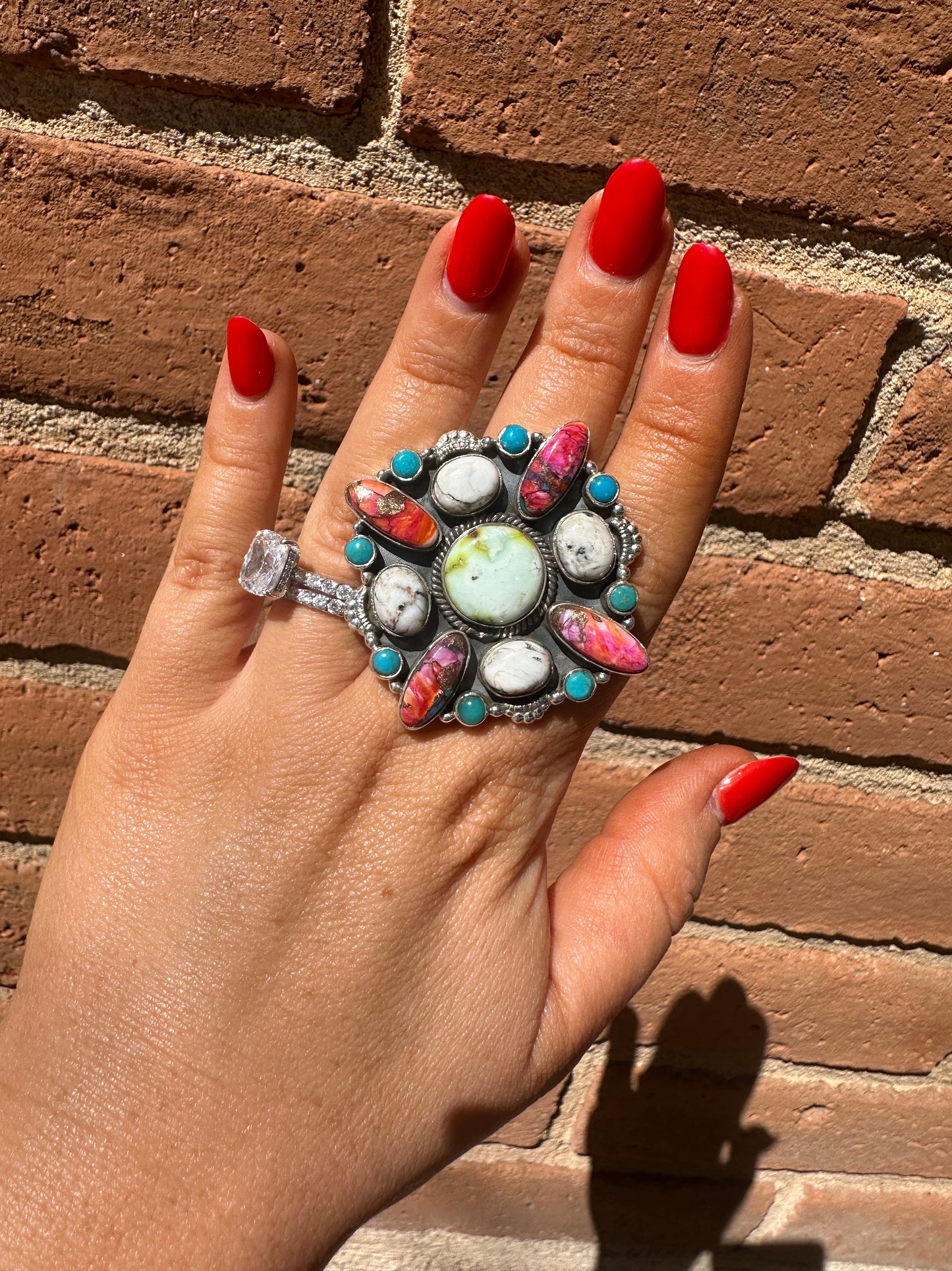 Beautiful Handmade Pink Dream Mojave, Turquoise, White Buffalo, Palomino Turquoise And Sterling Silver Adjustable Statement Ring