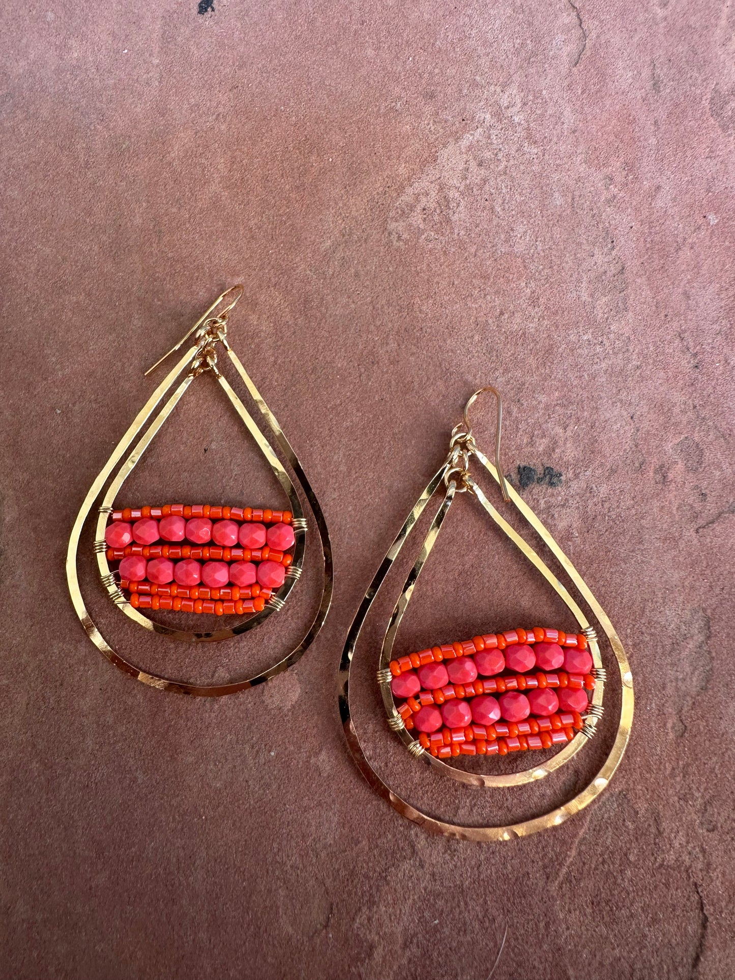 “The Golden Collection” Goldie Double Hoop Handmade Coral Colored Beaded & 14k Gold Plated Earrings