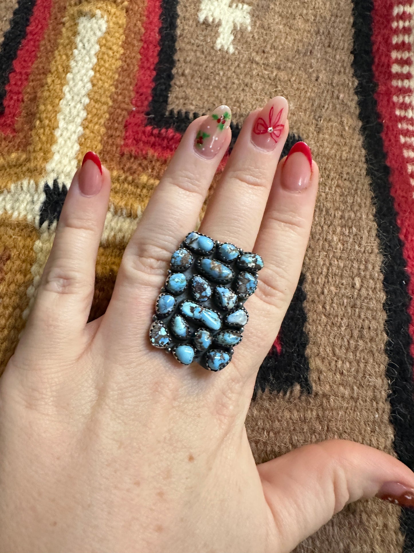 Beautiful Handmade Golden Hills Turquoise And Sterling Silver Adjustable Cluster Ring