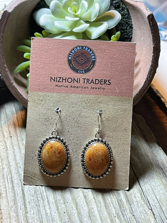 Beautiful Navajo Sterling Silver Apple Coral Oval Dangle Earrings