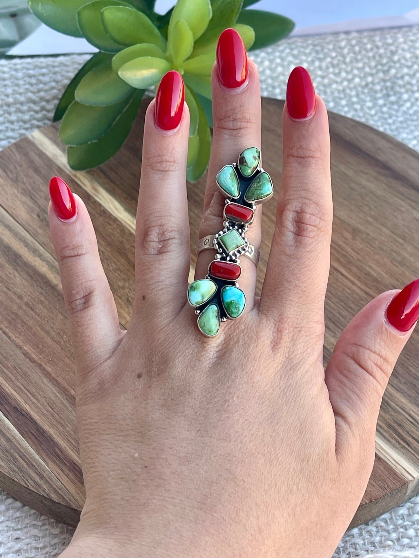 Beautiful Handmade Sonoran Turquoise, Coral And Sterling Silver Christmas Collection Adjustable Ring