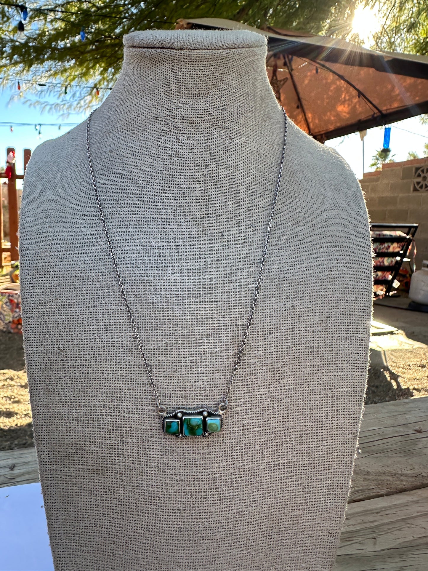 Beautiful Handmade Sterling Silver & Sonoran Mountain Turquoise 3 Stone Bar Necklace