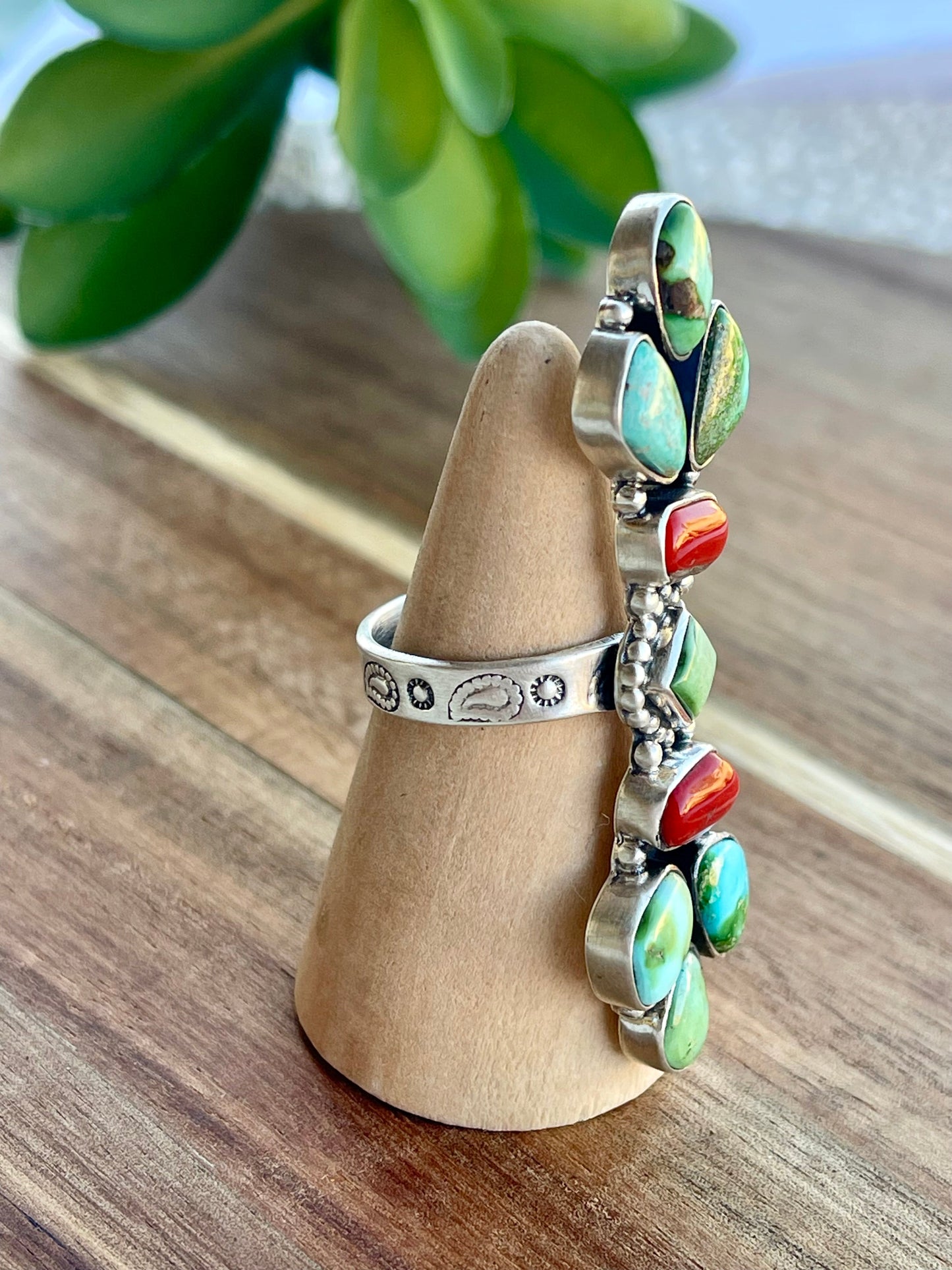 Beautiful Handmade Sonoran Turquoise, Coral And Sterling Silver Christmas Collection Adjustable Ring