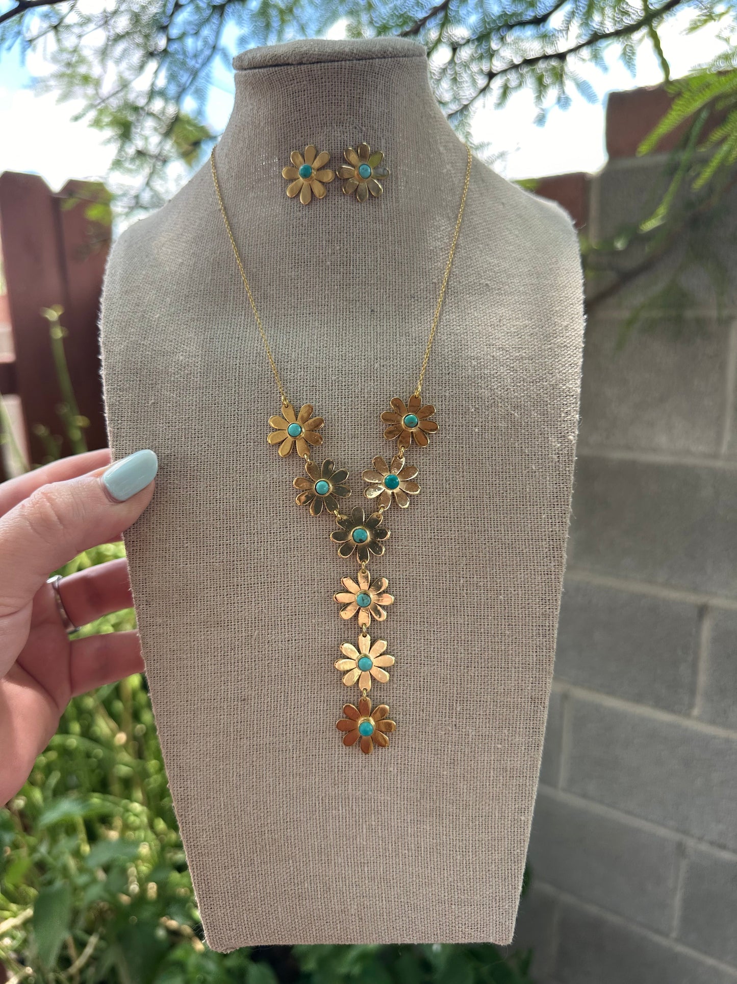 “The Golden Collection” Summer Flower Handmade Natural Turquoise 14k Gold Plated Lariat Necklace Earring Set