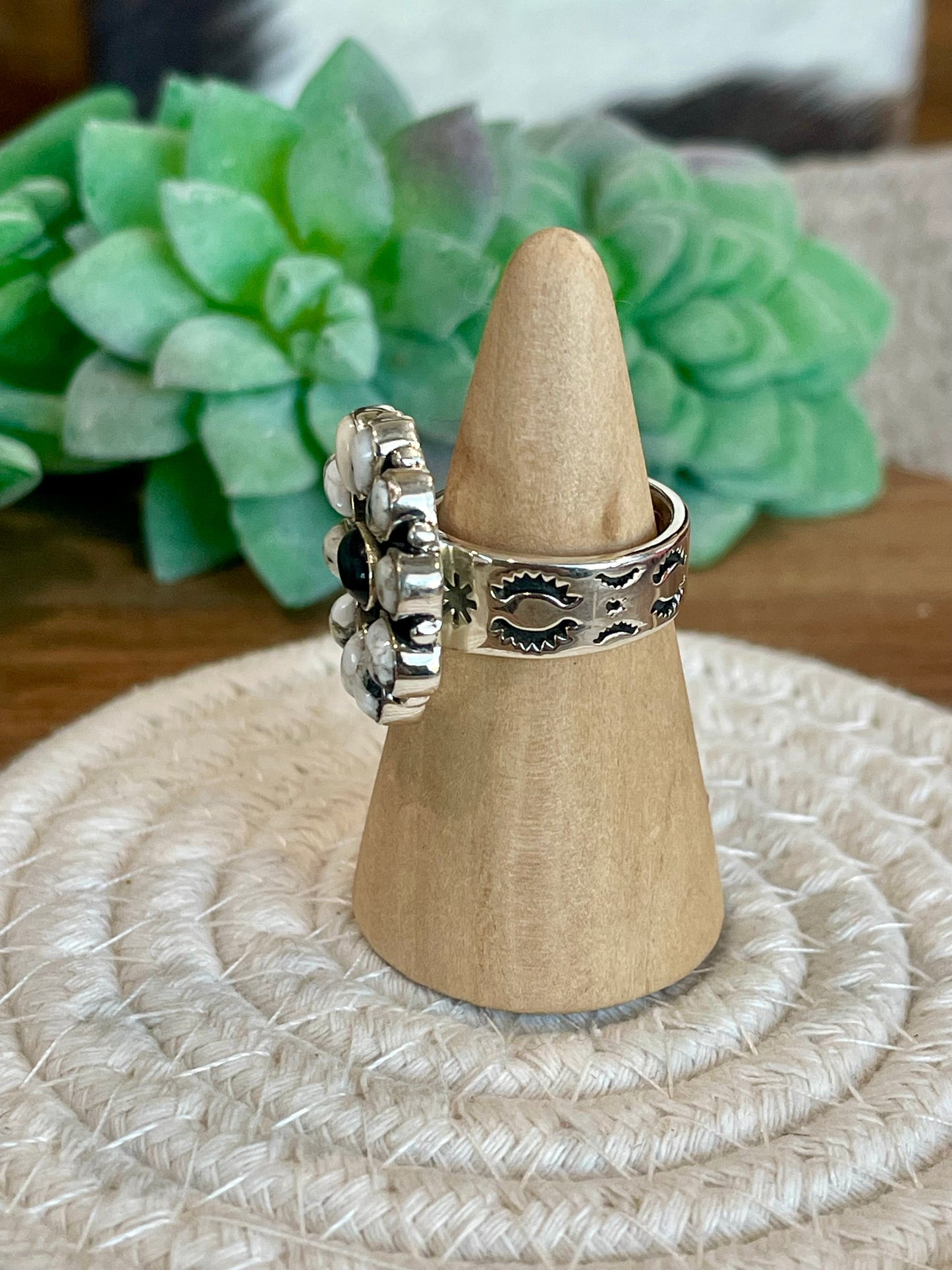 Beautiful Handmade White Buffalo And Sterling Silver Adjustable Cluster Ring