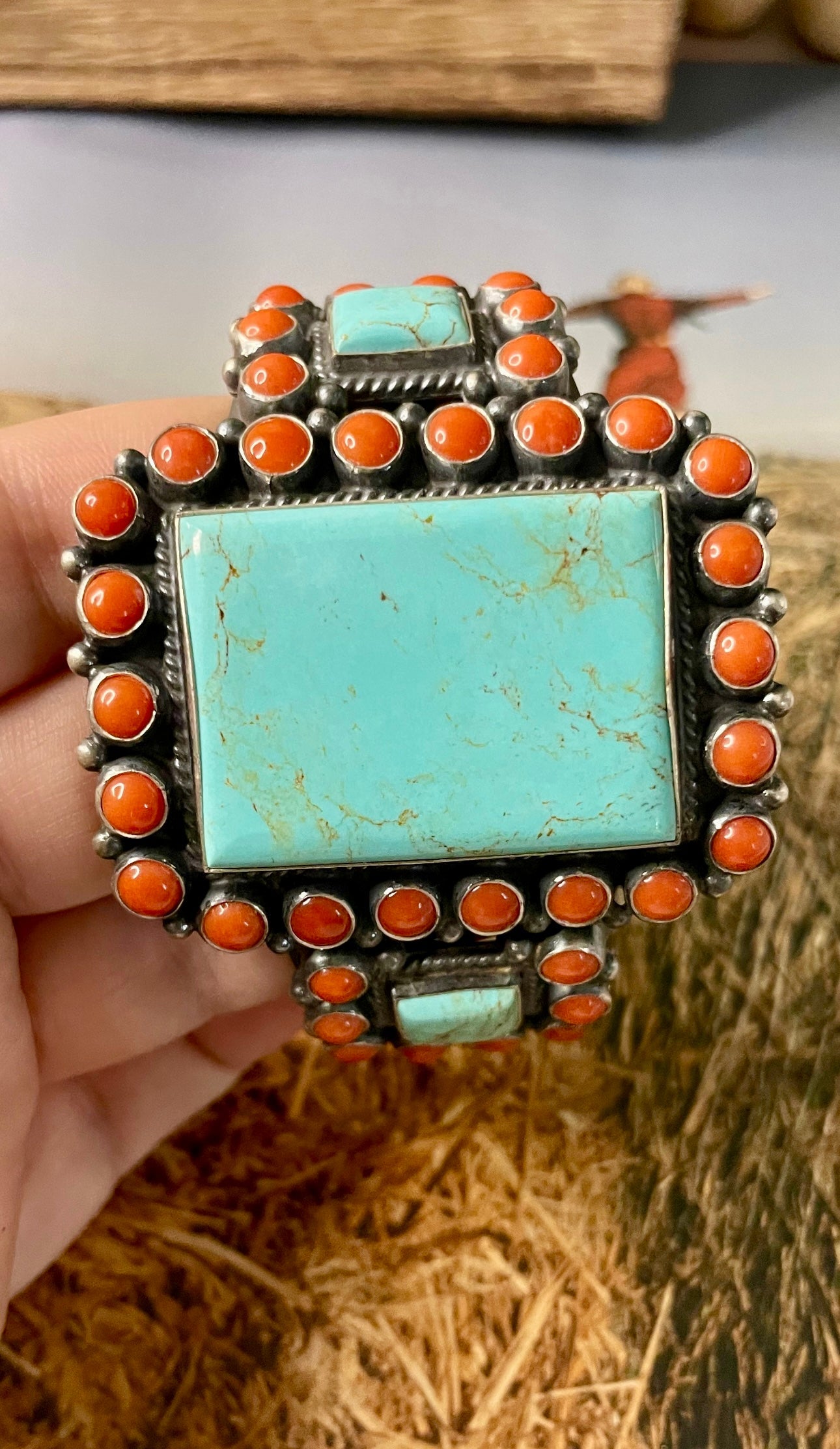 Anthony Skeets Navajo Turquoise, Coral & Sterling Silver Cuff Bracelet Signed