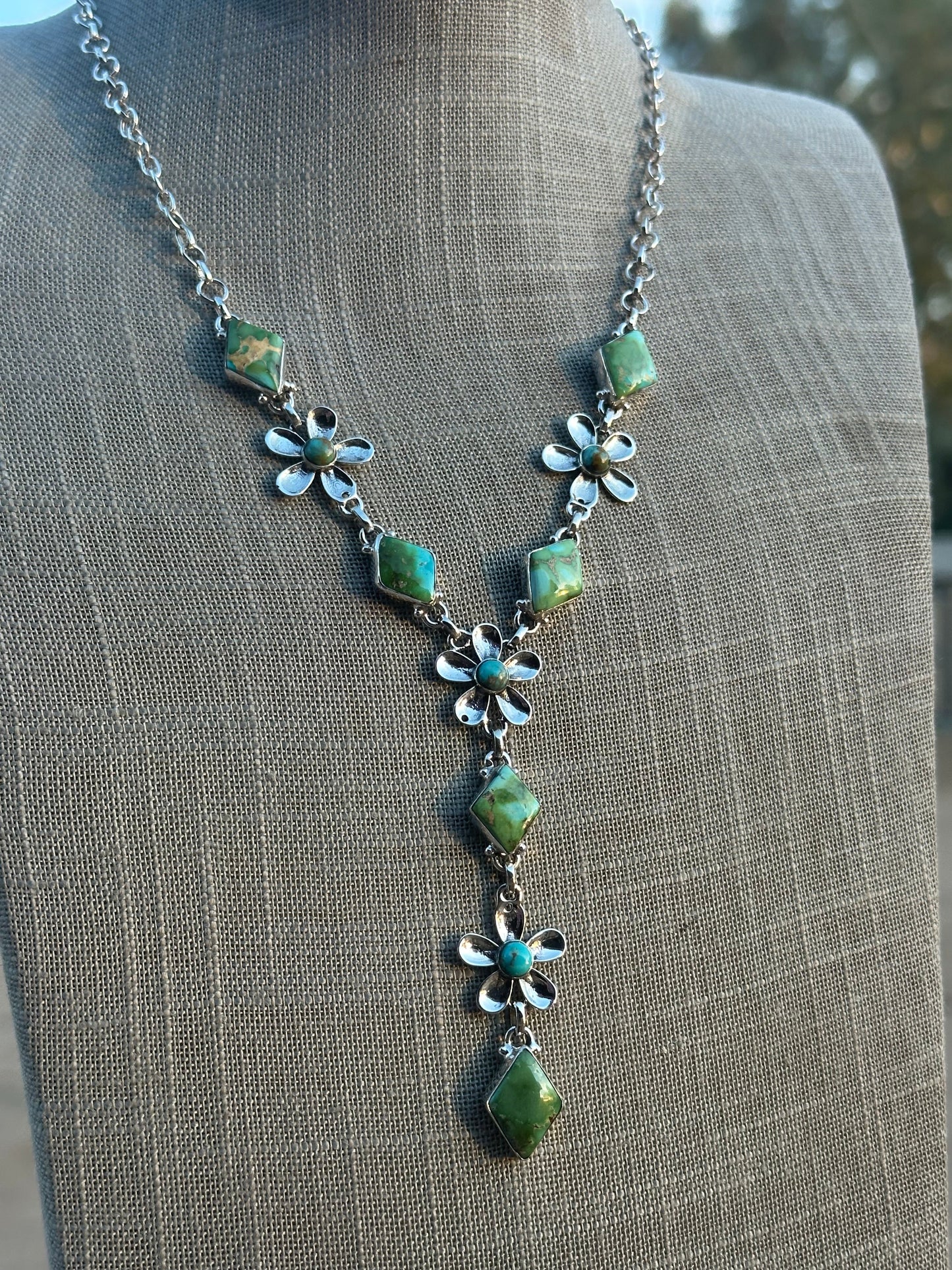 Beautiful Handmade Sterling Silver & Sonoran  Turquoise Daisy Lariat Necklace