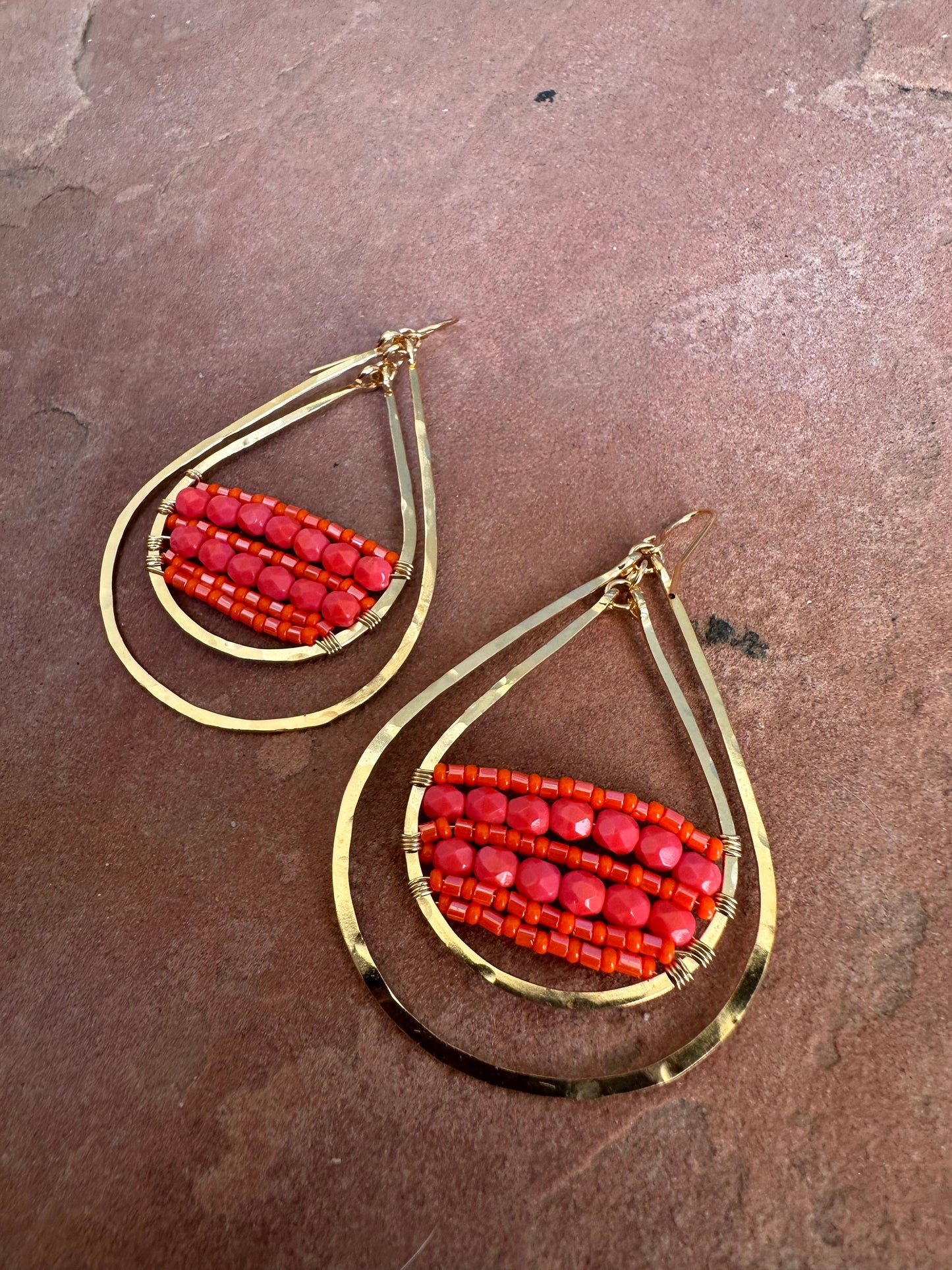 “The Golden Collection” Goldie Double Hoop Handmade Coral Colored Beaded & 14k Gold Plated Earrings