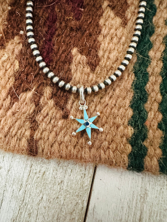 Zuni Sterling Silver, Turquoise & Lapis Mini Star Pendant Signed