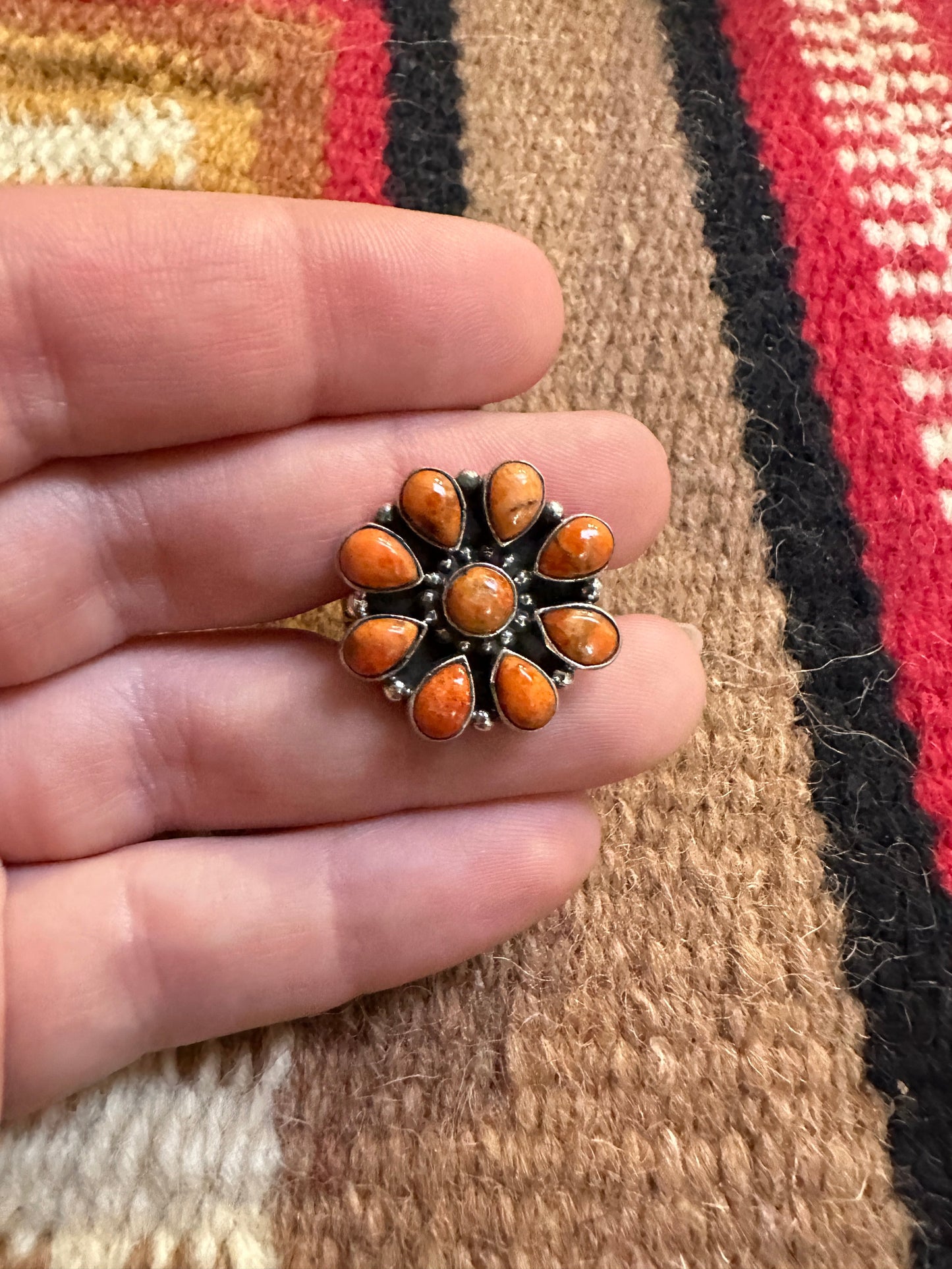 Beautiful Handmade Orange Mojave And Sterling Silver Adjustable Cluster Flower Ring