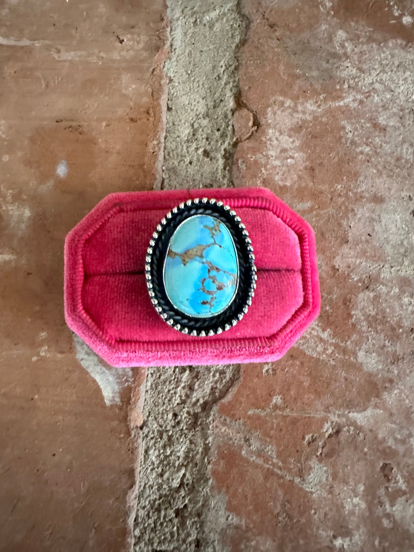 Beautiful Navajo Sterling Silver & Single Stone Golden Hills Turquoise Adjustable Ring Signed