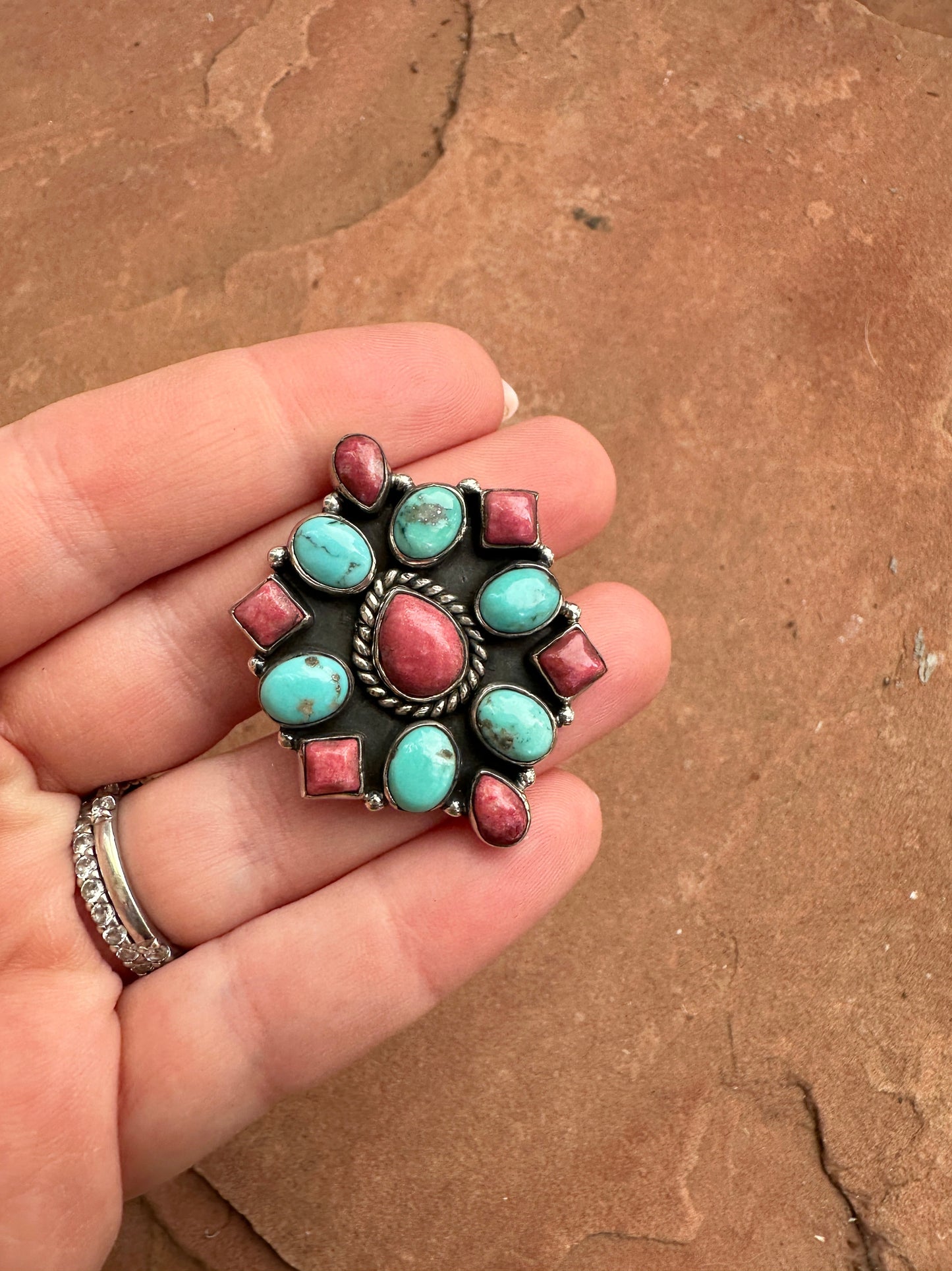 Beautiful Handmade Rhodonite, Turquoise And Sterling Silver Adjustable Ring