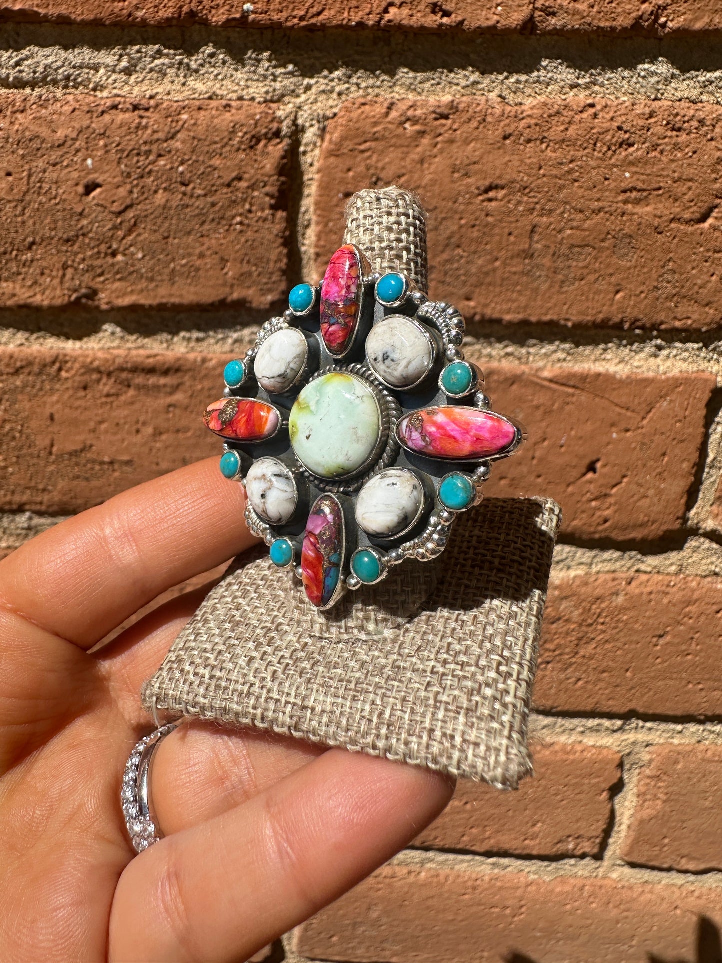 Beautiful Handmade Pink Dream Mojave, Turquoise, White Buffalo, Palomino Turquoise And Sterling Silver Adjustable Statement Ring