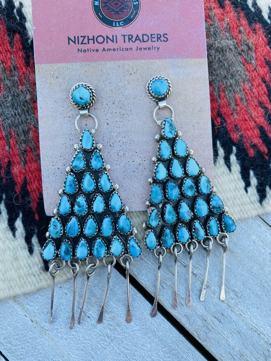 Zuni Sterling Silver And Sleeping Beauty Turquoise Dangle Earrings Signed