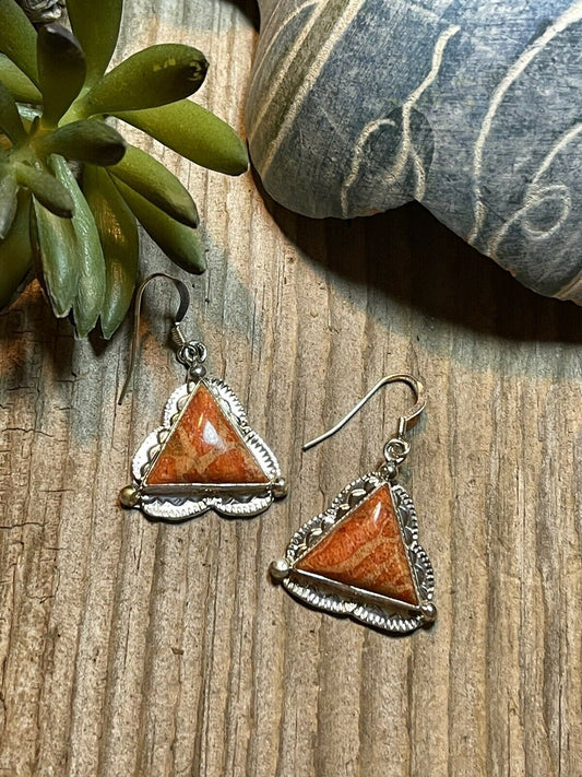 Beautiful Navajo Sterling Silver Apple Coral Triangle Dangle Earrings