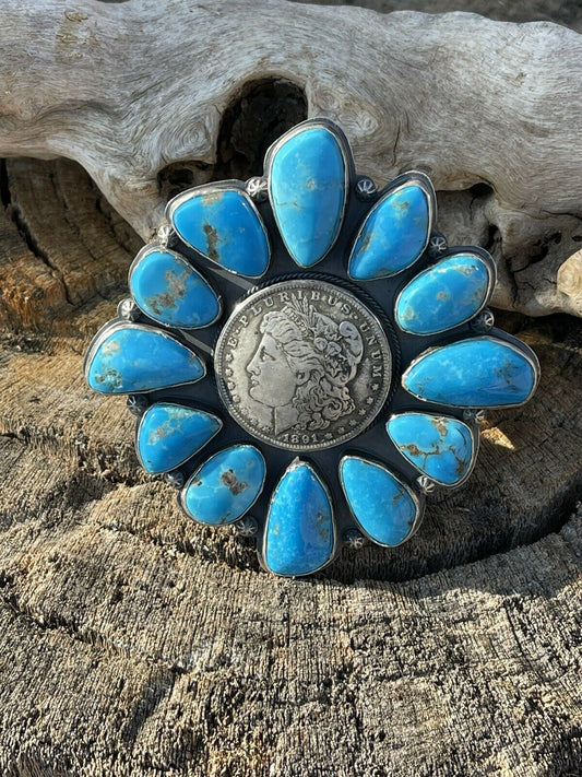 Gorgeous Navajo Sterling Silver Coin & Kingman Turquoise Bracelet Cuff