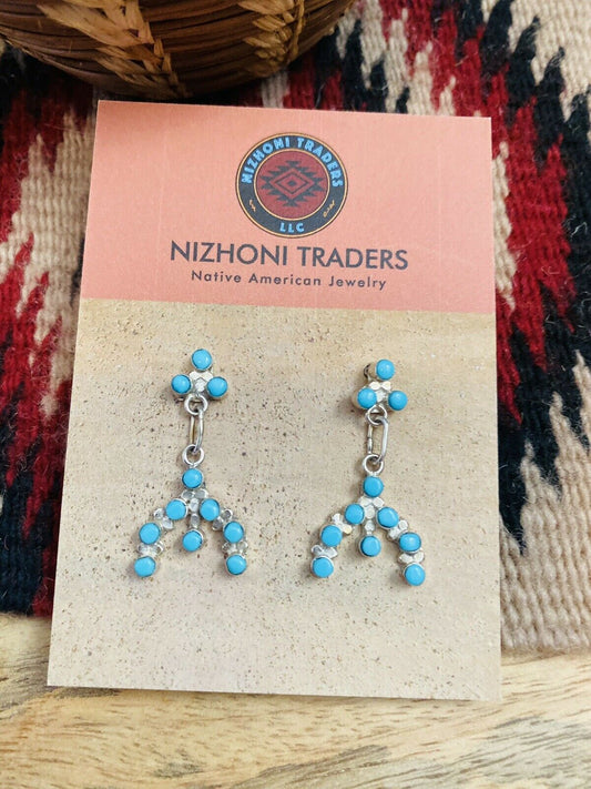 Zuni Sterling Silver & Turquoise Petit Point Dangle Earrings