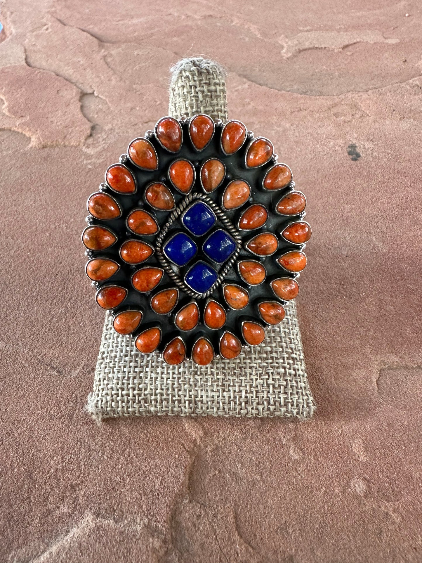 Beautiful Handmade Orange Mojave, Lapis And Sterling Silver Adjustable Statement Ring