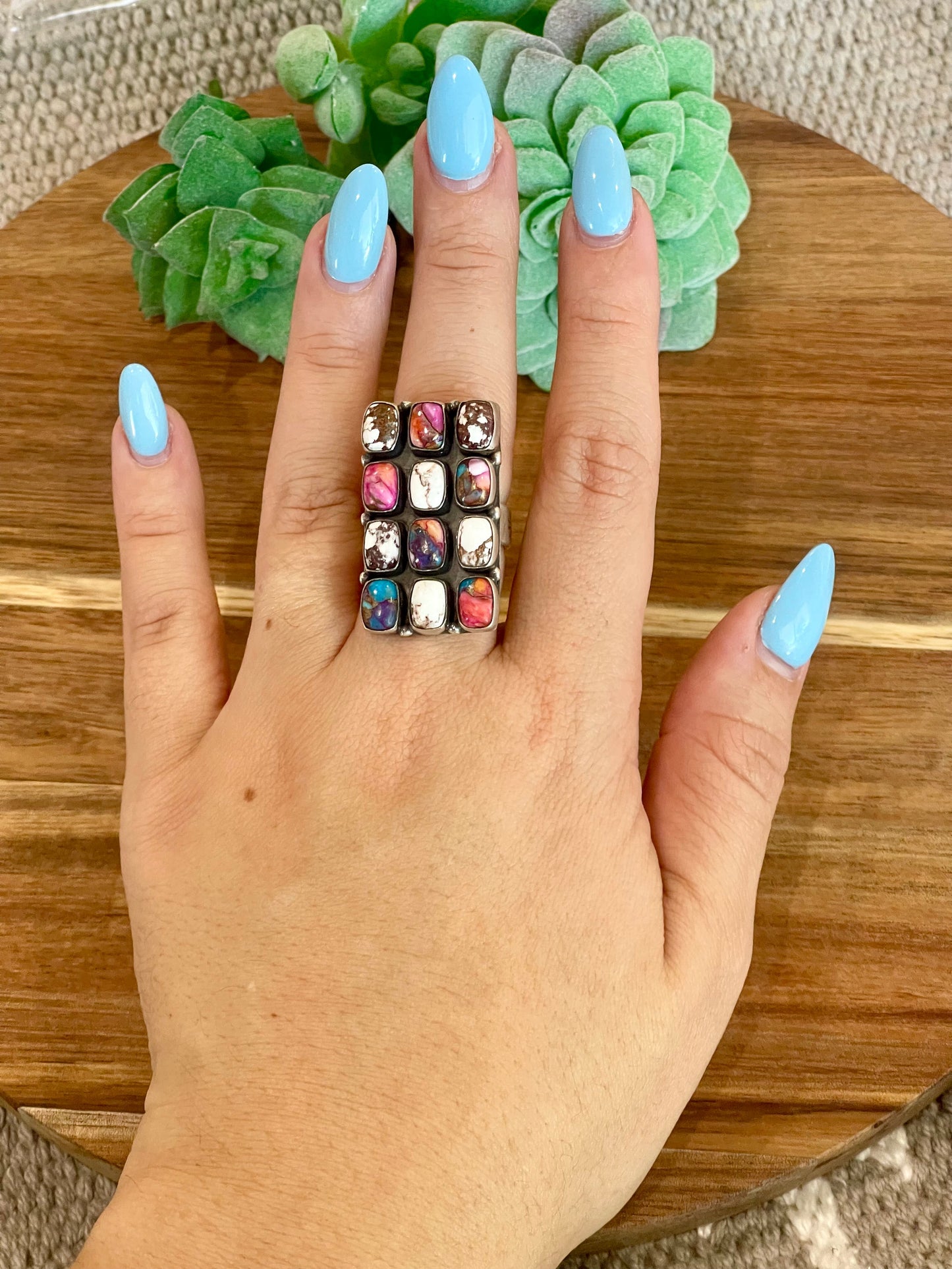 Beautiful Handmade Multi Stone And Sterling Silver Adjustable Ring