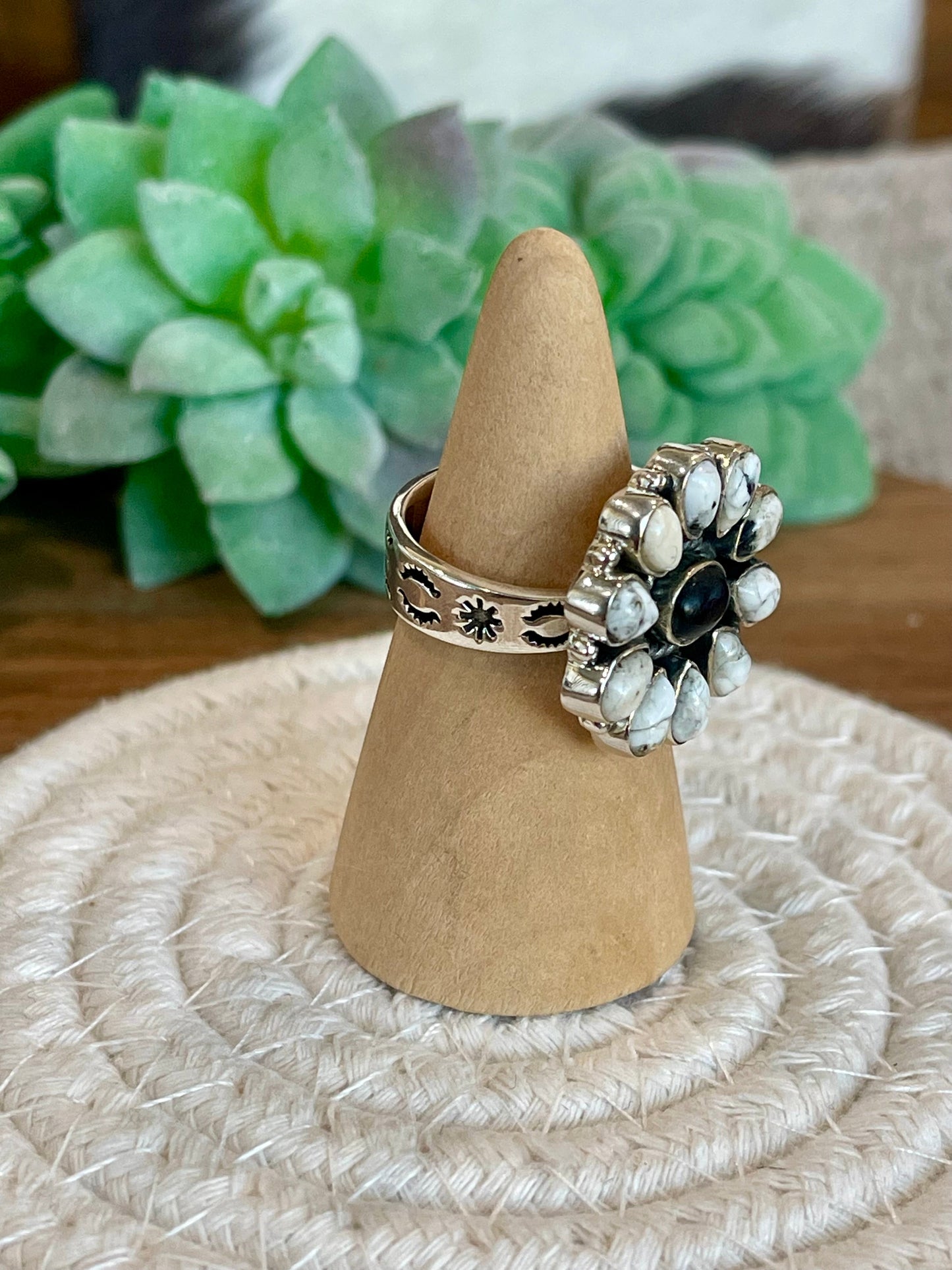 Beautiful Handmade White Buffalo And Sterling Silver Adjustable Cluster Ring