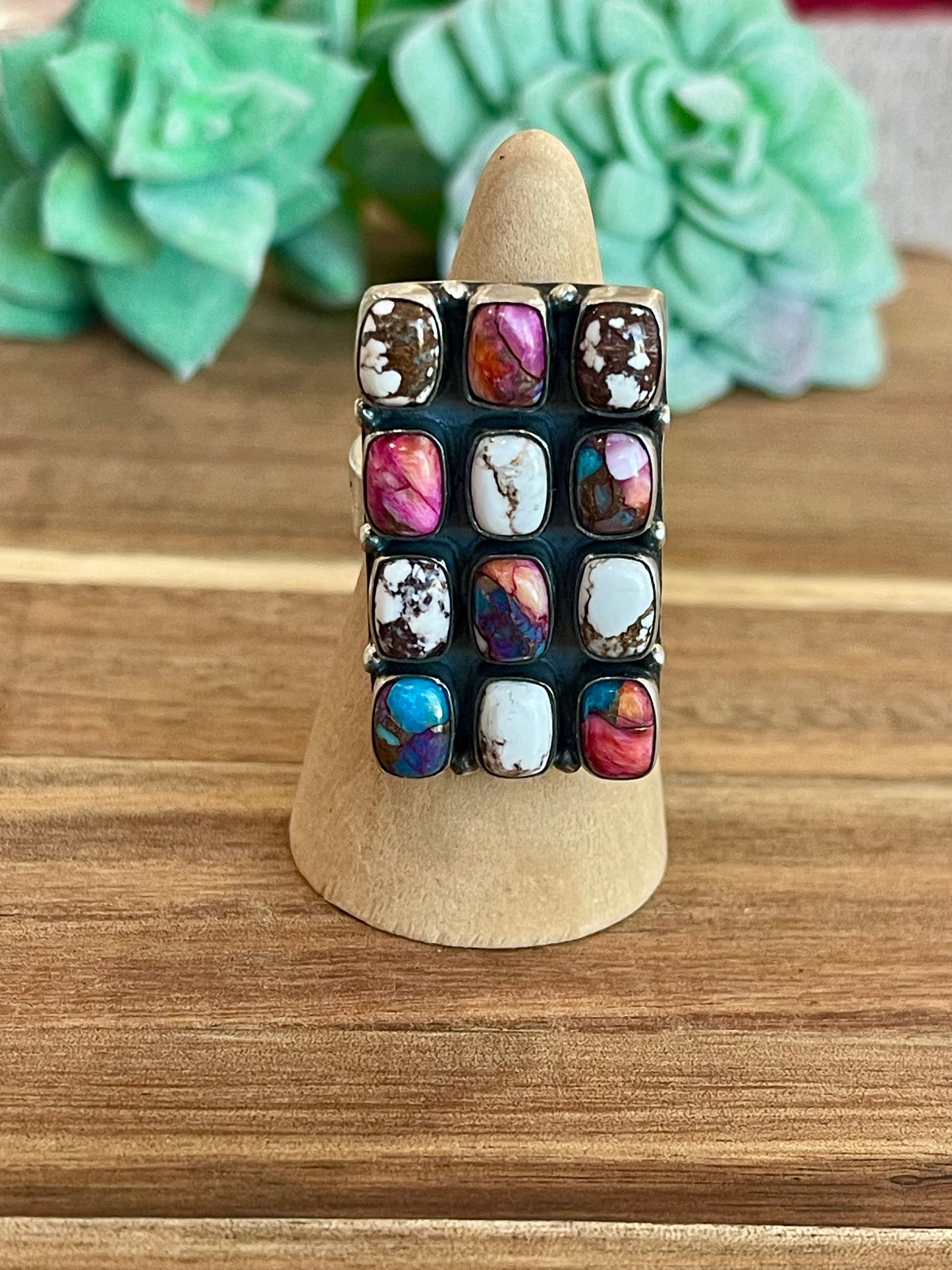 Beautiful Handmade Multi Stone And Sterling Silver Adjustable Ring