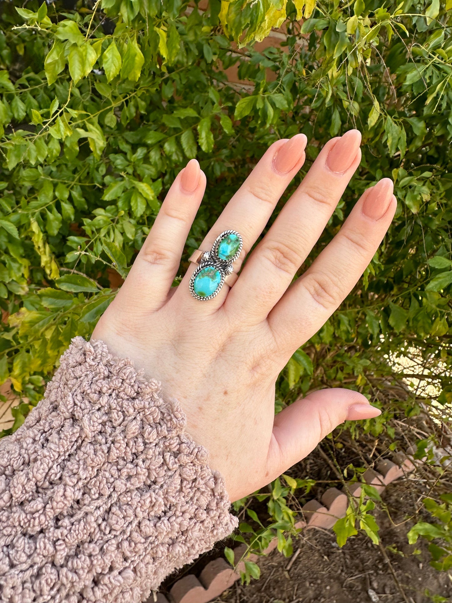 Beautiful Handmade Sonoran Gold Turquoise And Sterling Silver 2 Stone Ring