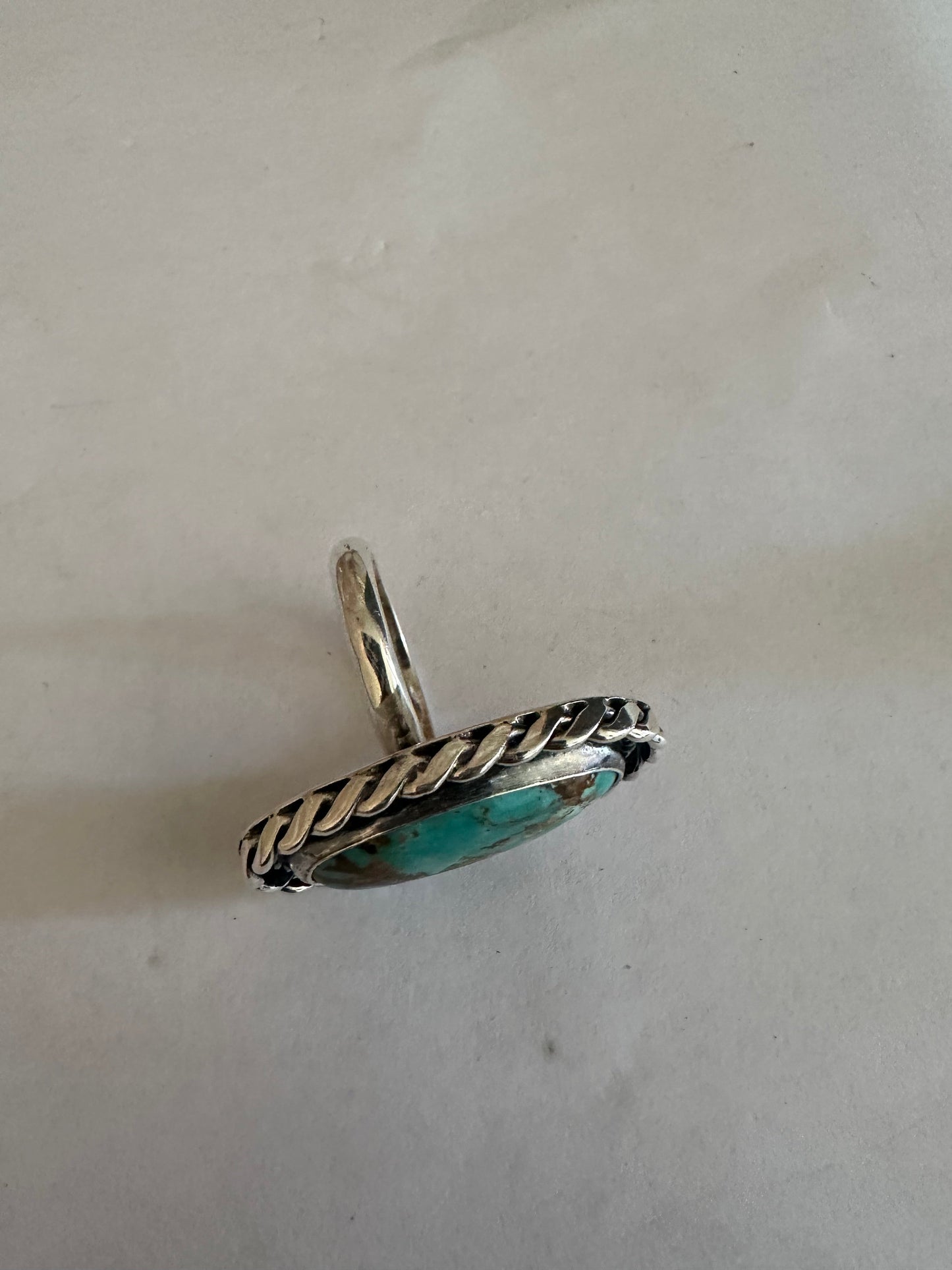 Beautiful Navajo Sterling Silver & Single Stone Turquoise Adjustable Ring OVAL STYLE Signed