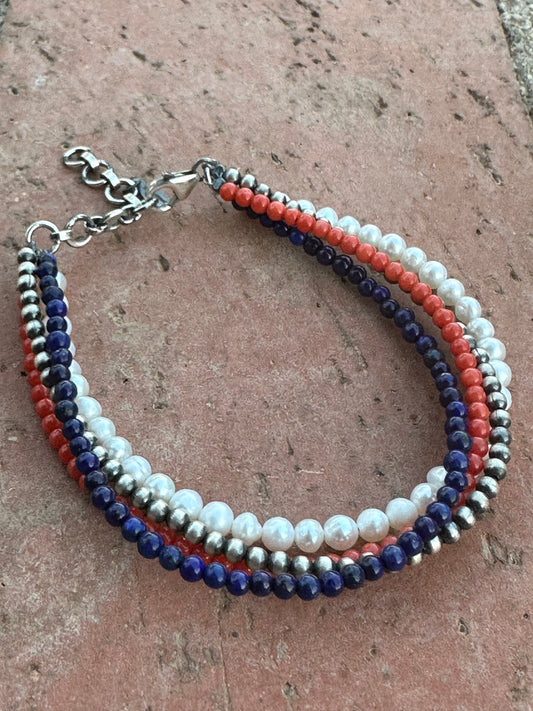 Handmade Sterling Silver, Pearl, Lapis and Coral Beaded Bracelet