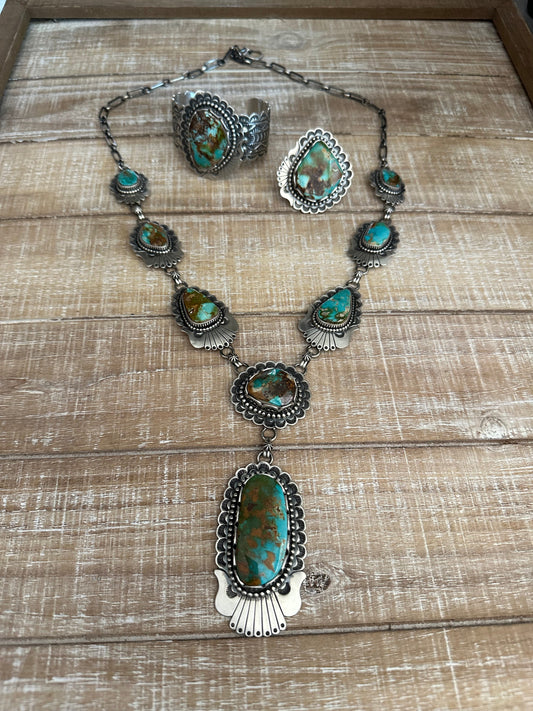 Charles Johnson Navajo Royston Turquoise & Sterling Silver Necklace, Bracelet and Ring Set Signed