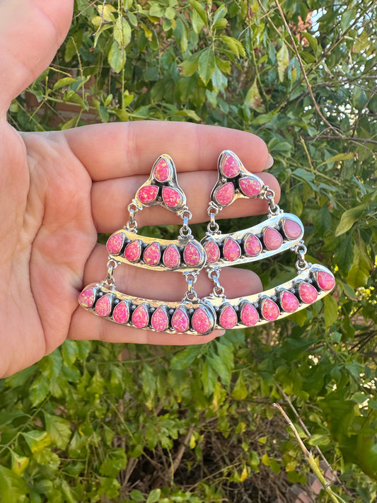 “Rodeo Roundup” Handmade Hot Pink Fire Opal And Sterling Silver Dangle Earrings Signed Nizhoni