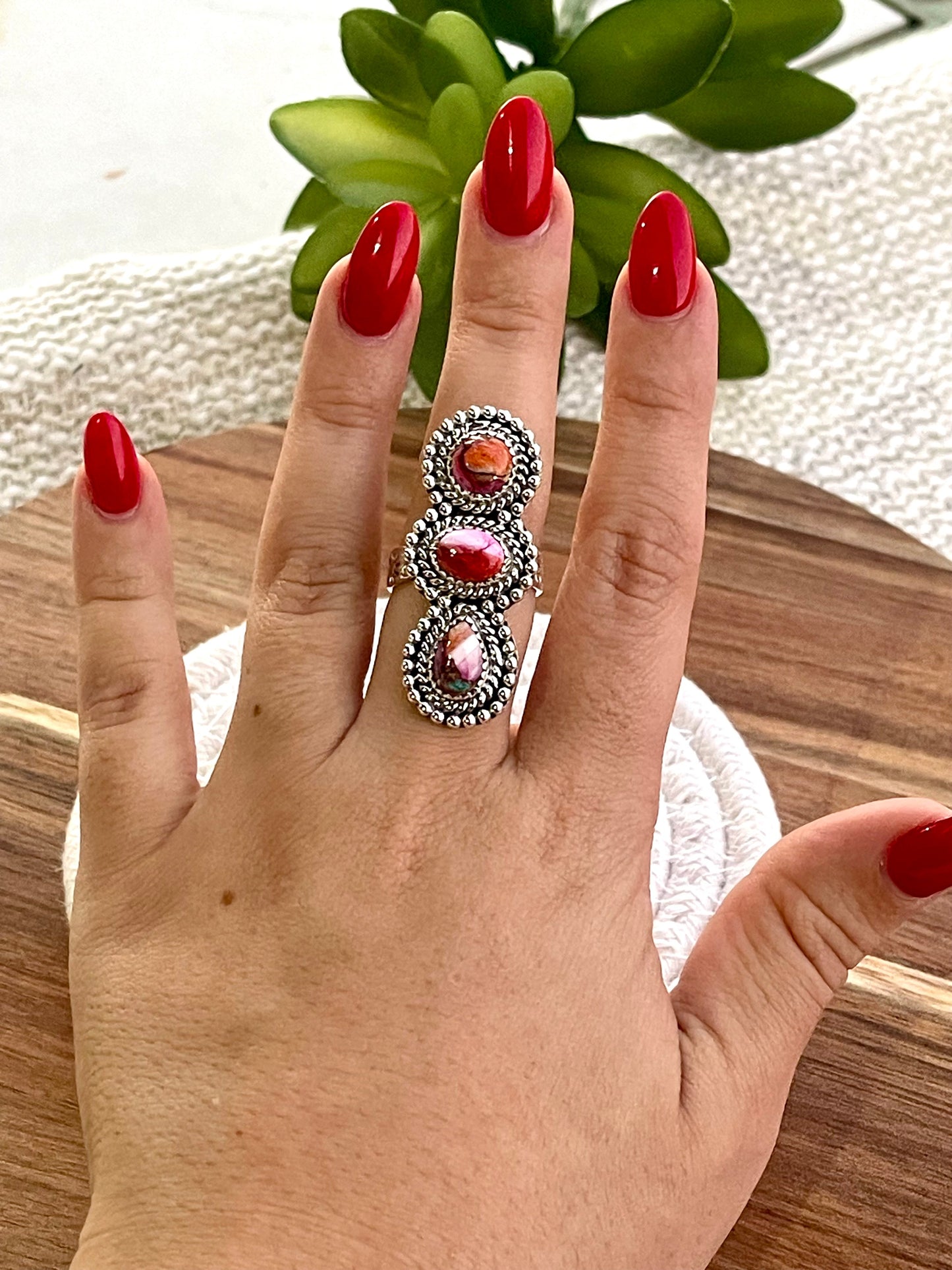 Beautiful Handmade Pink Dream Mojave And Sterling Silver Adjustable 3 Stone Ring