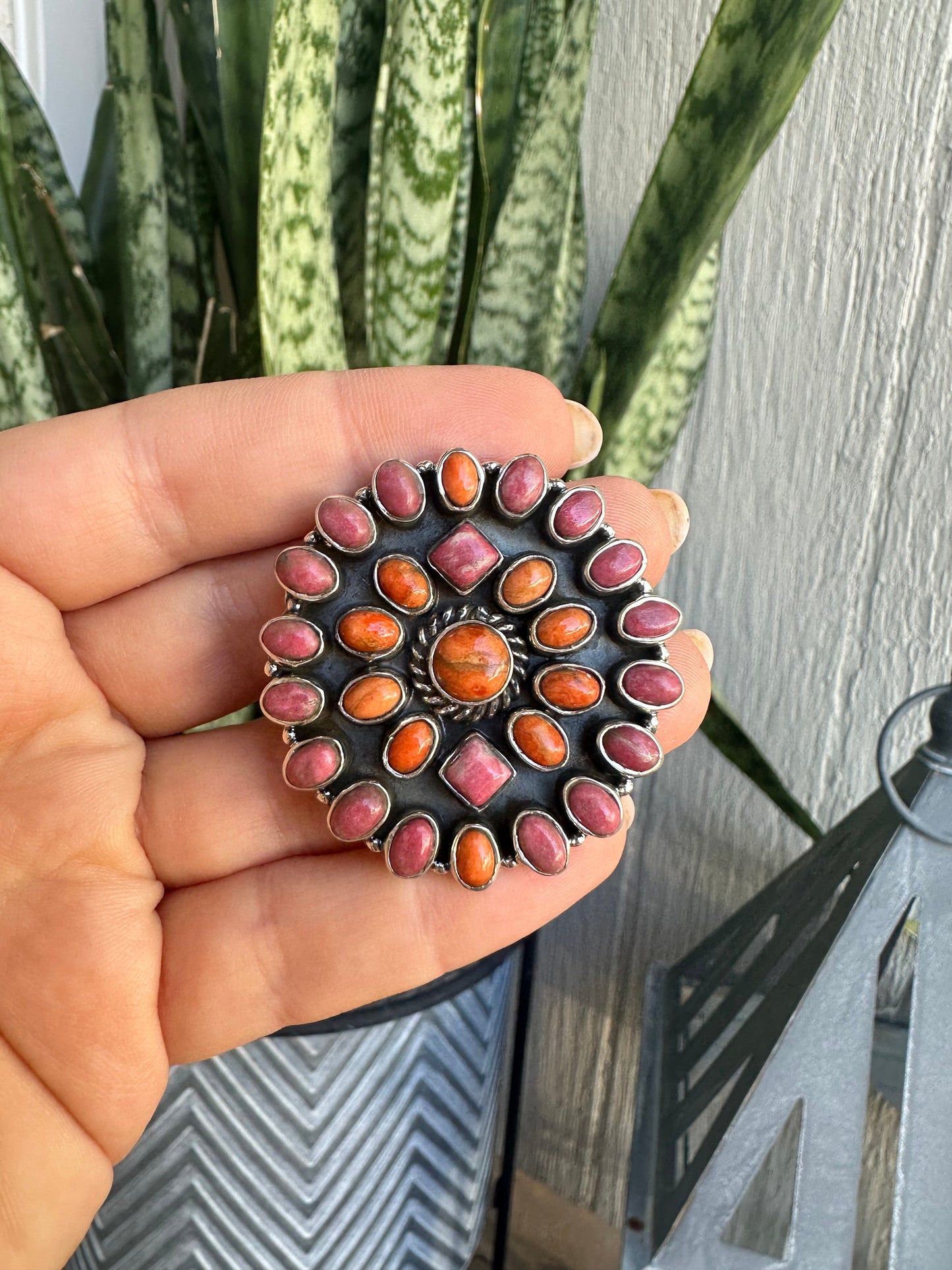 Beautiful Handmade Rhodonite, Orange Mojave And Sterling Silver Adjustable Ring