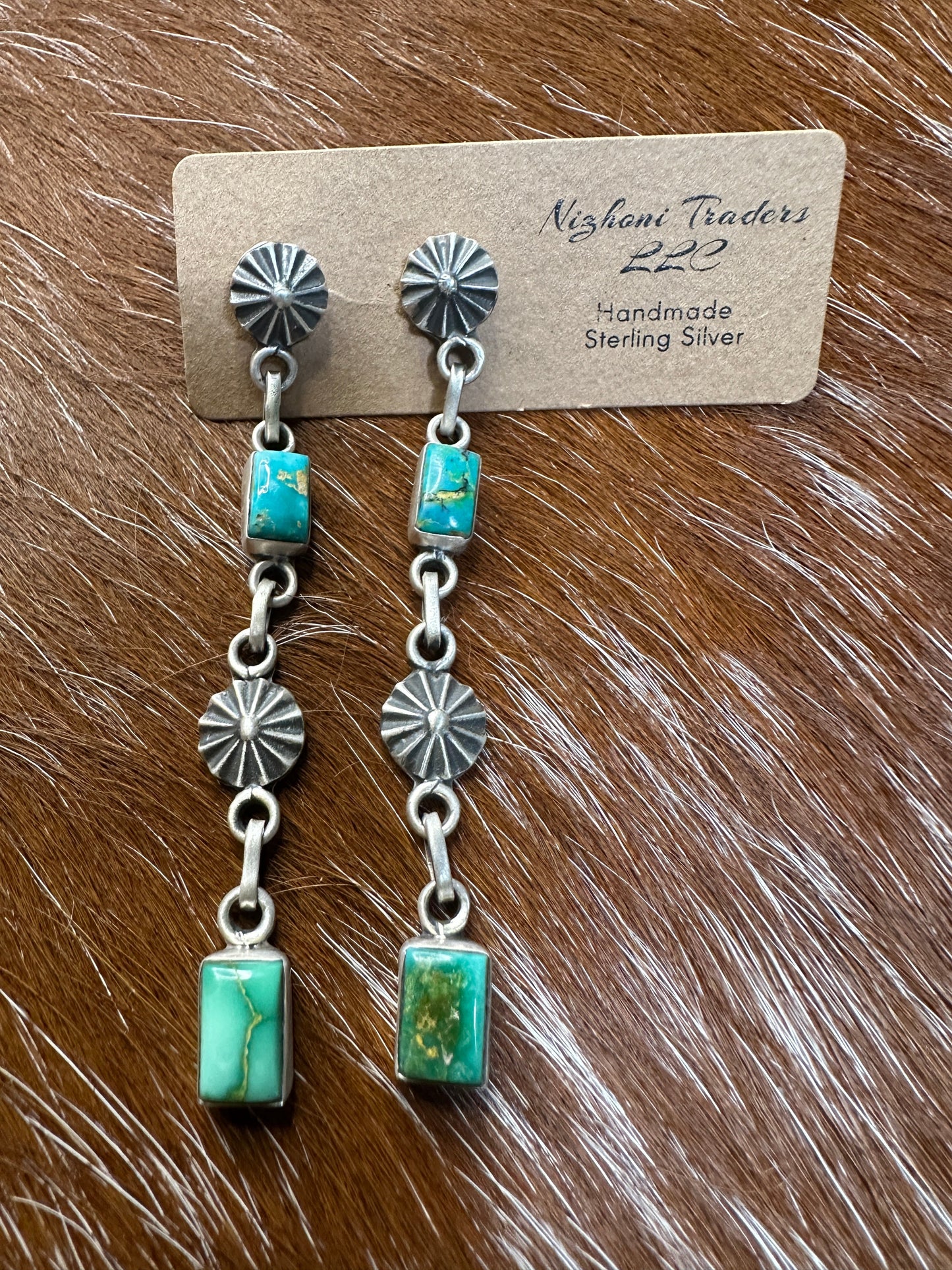 Handmade Sonoran Mountain Turquoise and Sterling Silver Dangle Earrings 2 Stone