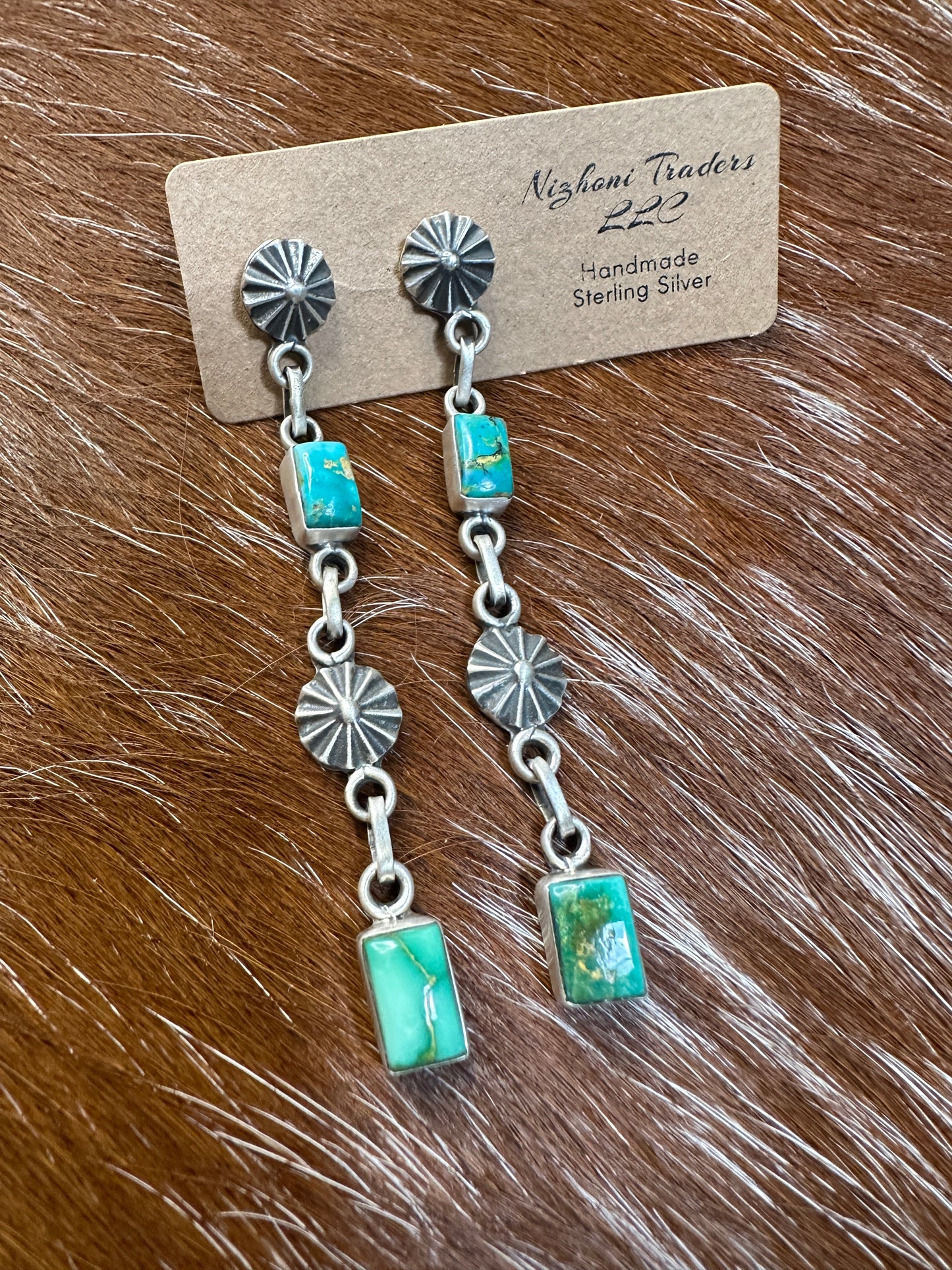 Handmade Sonoran Mountain Turquoise and Sterling Silver Dangle Earrings 2 Stone